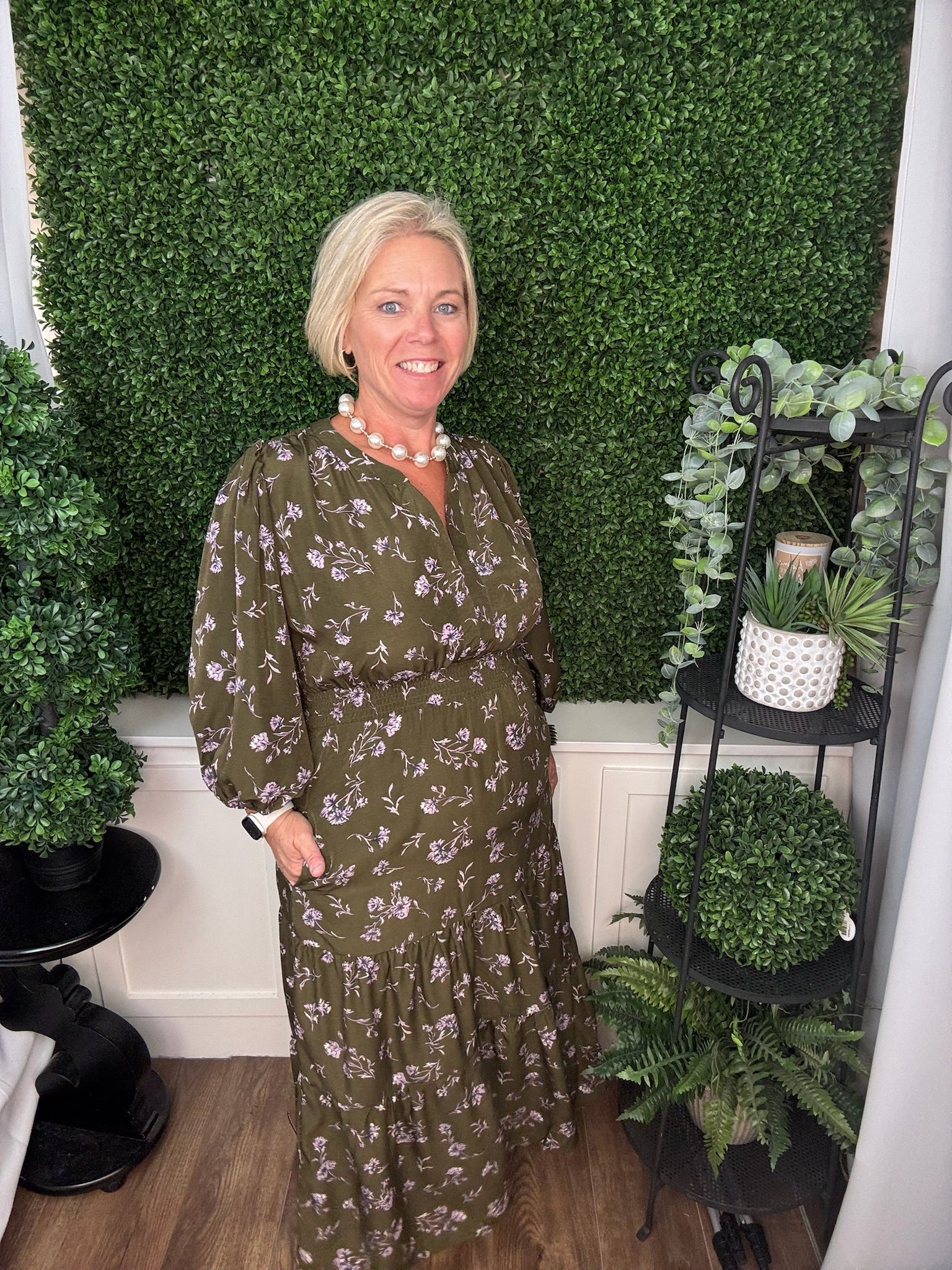 3/4 SLEEVE PRINTED MINI DRESS WITH POCKETS - OLIVE