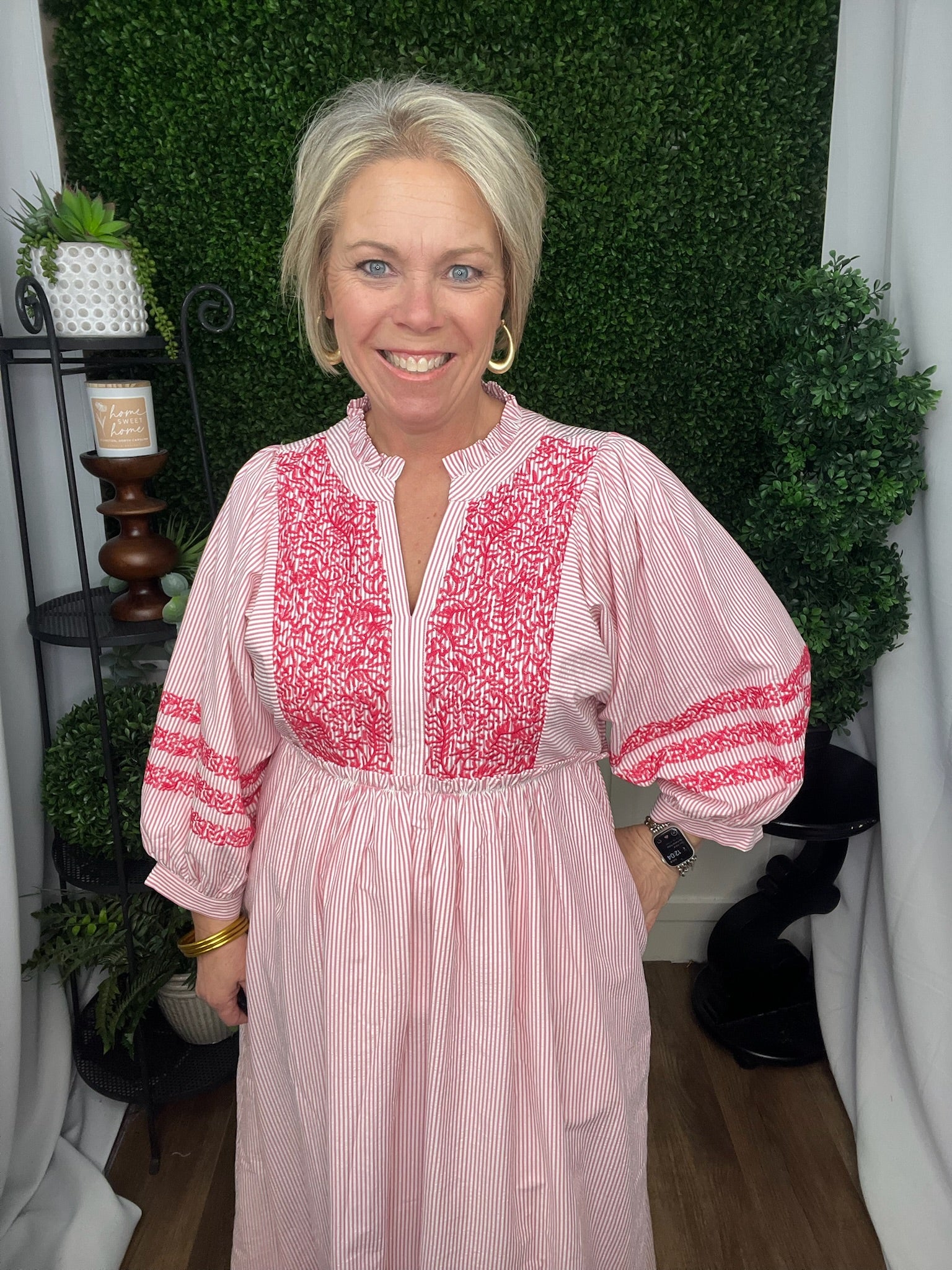 EMBROIDERED STRIPE MIDI DRESS - HOT PINK