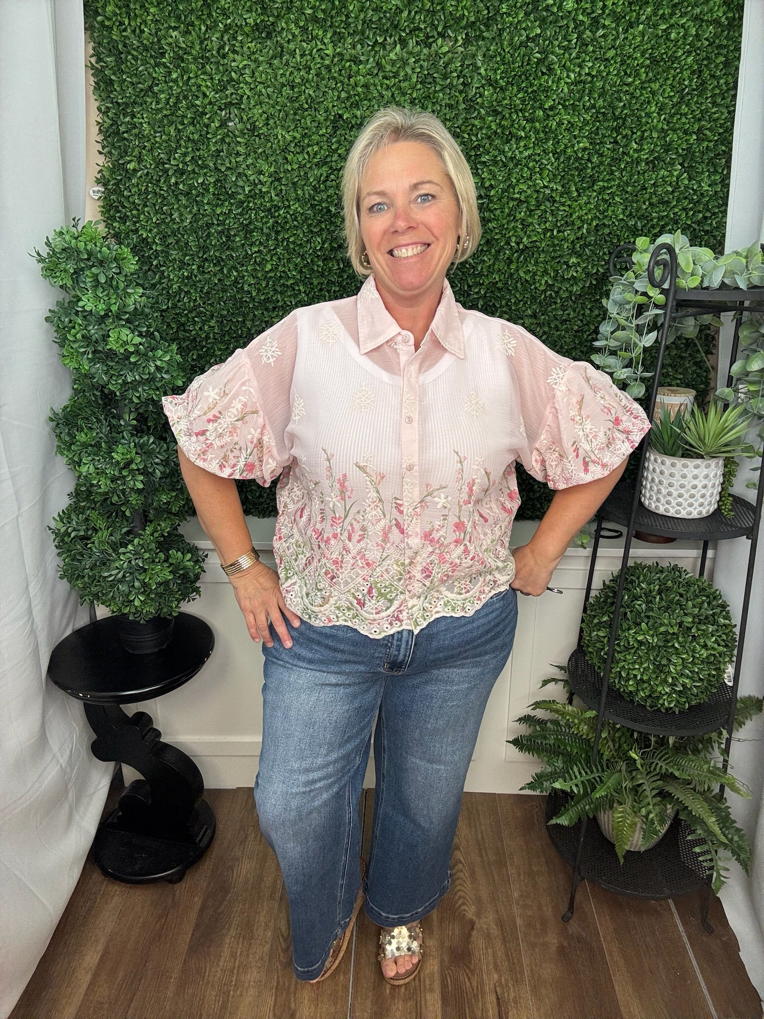 Yoryu Chiffon Embroidered Button Front Blouse Floral