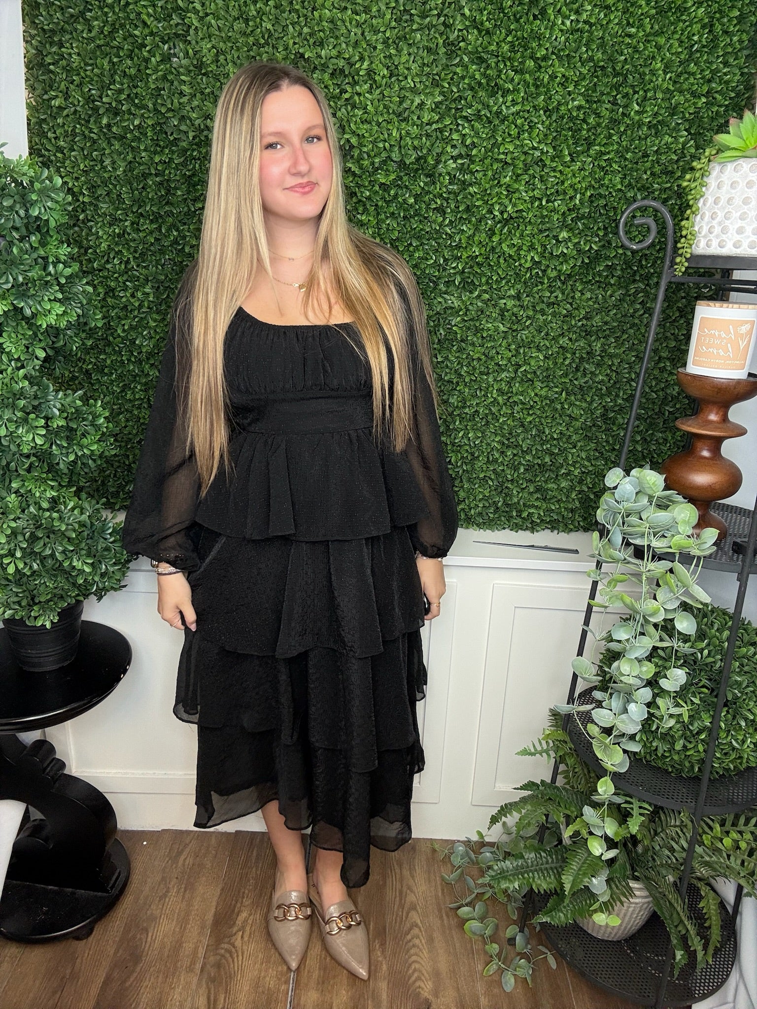 LUREX RUFFLE TIERED LS MIDI DRESS