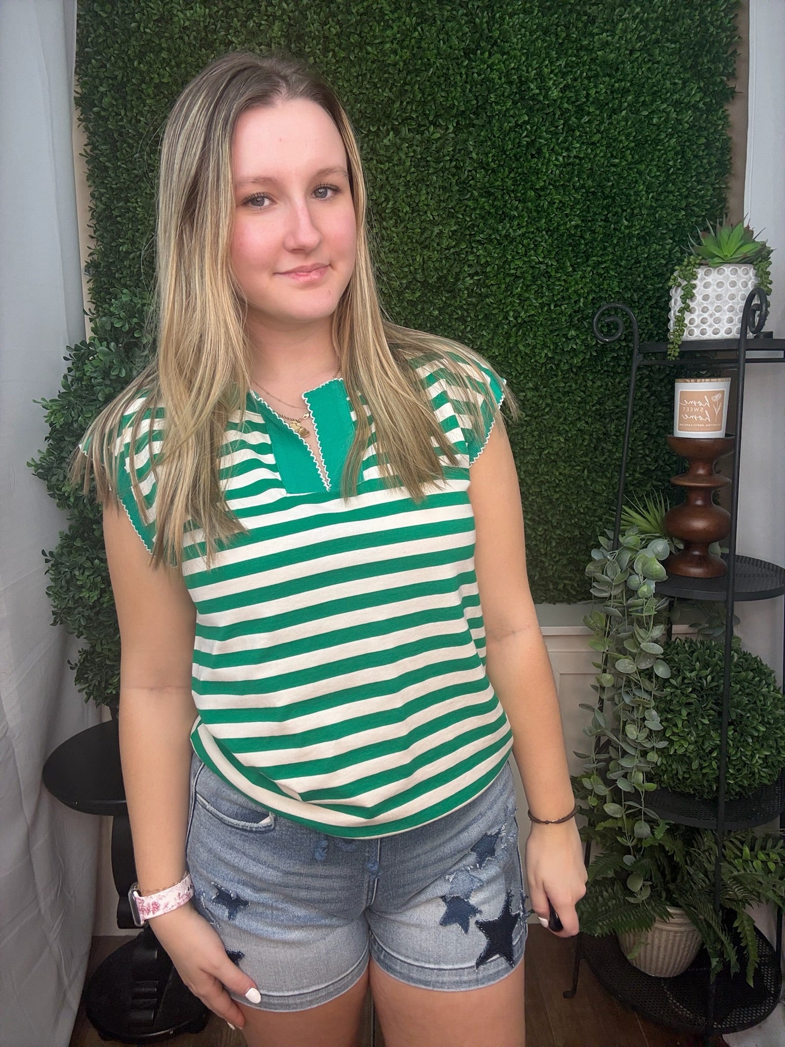 Striped Split Neck Sleeveless Top