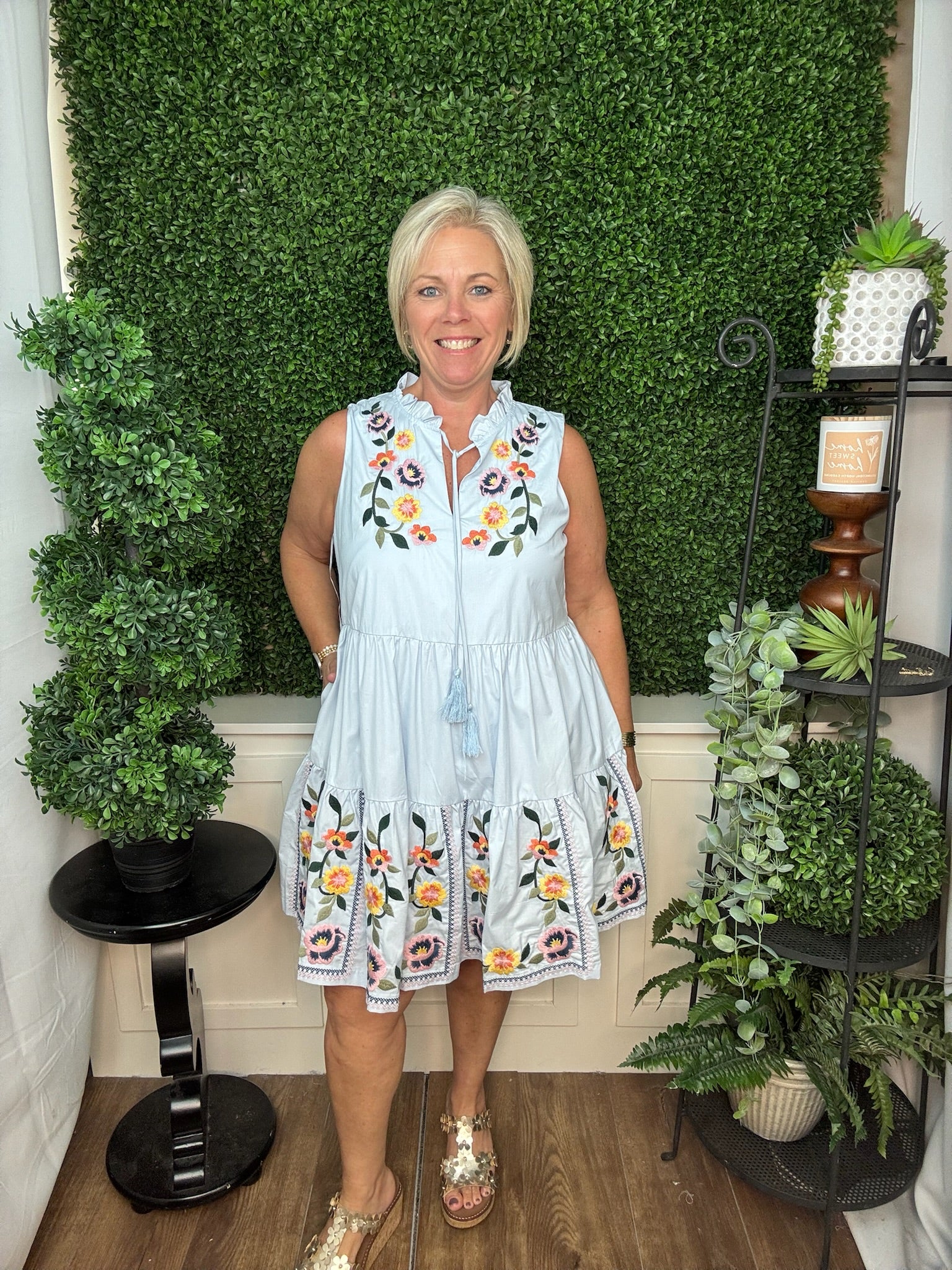 Embroidered Floral Tassel Tiered Dress