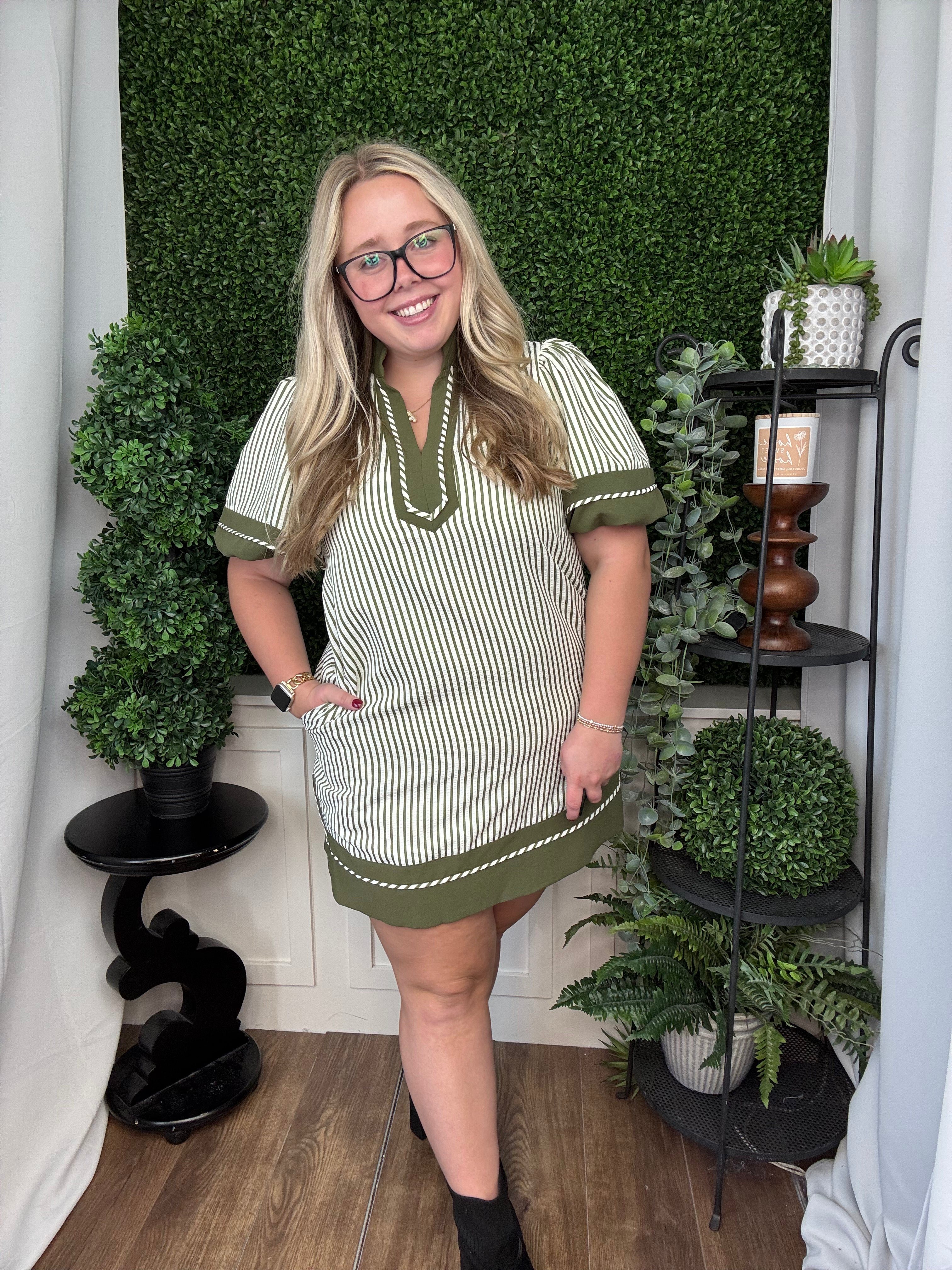 STRIPE SHORT LANTERN SLEEVE MINI DRESS - OLIVE