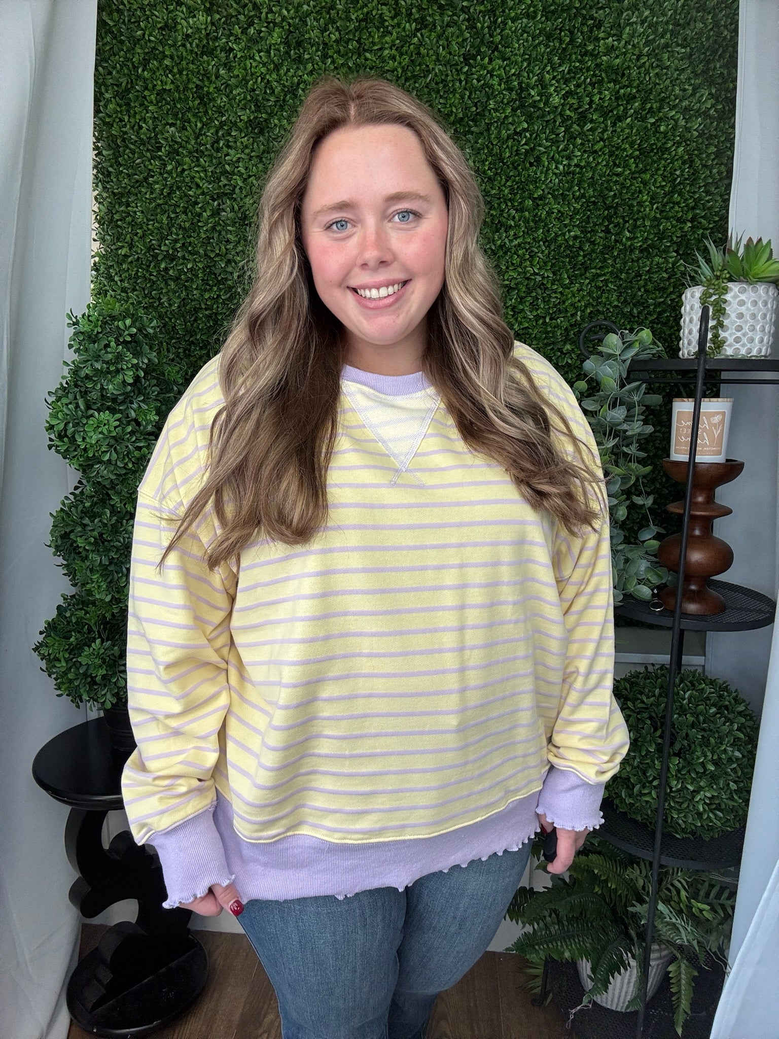 STRIPE TERRY TOP W/ LETTUCE RIB - YELLOW/LT PURPLE