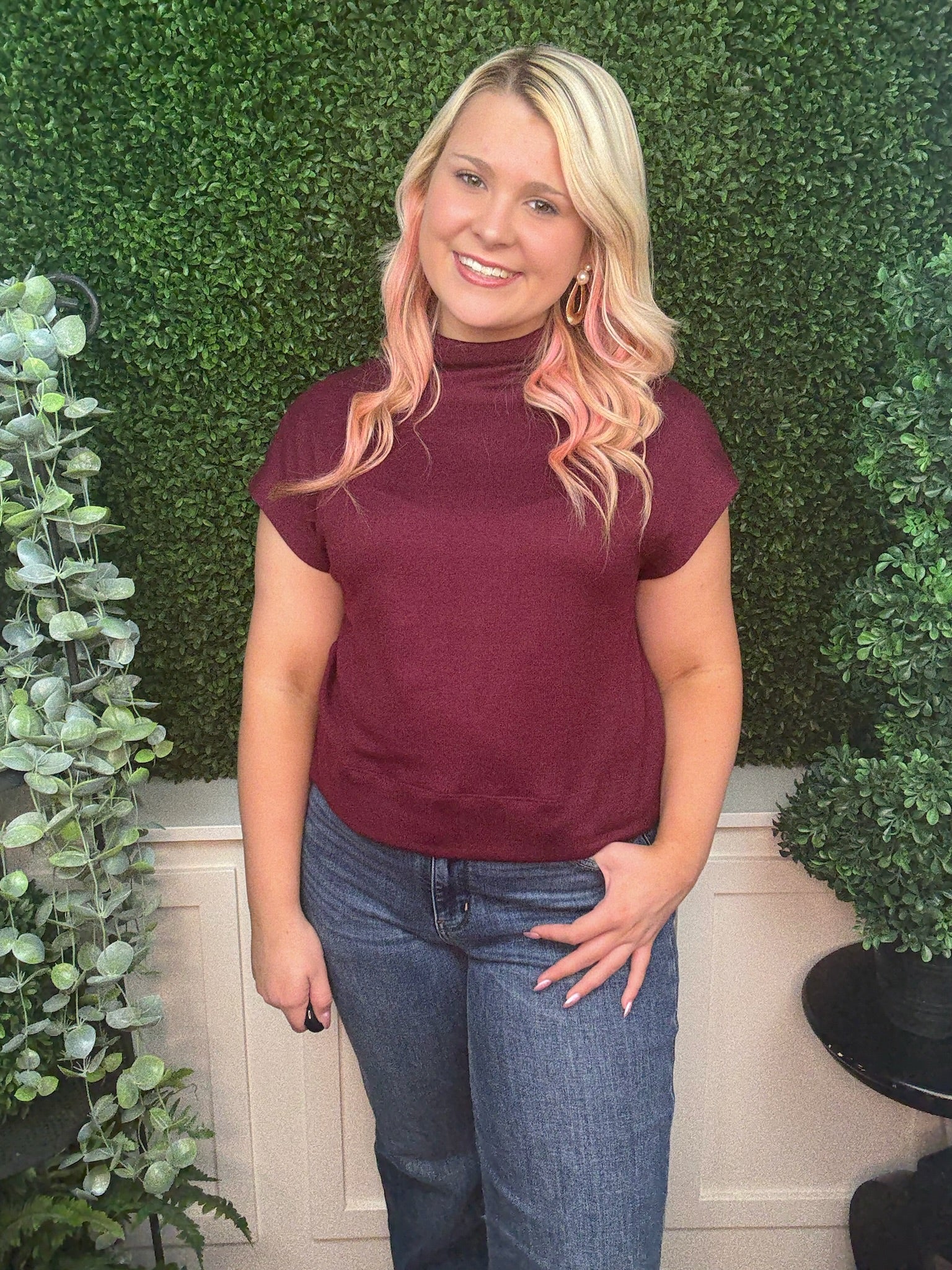 SOLID KNIT MOCK NECK PULLOVER TOP