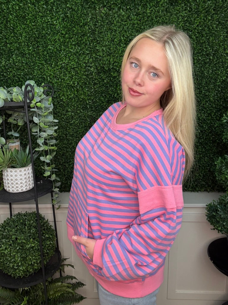 STRIPED COLOR BLOCK POCKET SWEATSHIRT - RED CREAM/ PINK LAVENDER/ ROYAL BLUE OAT
