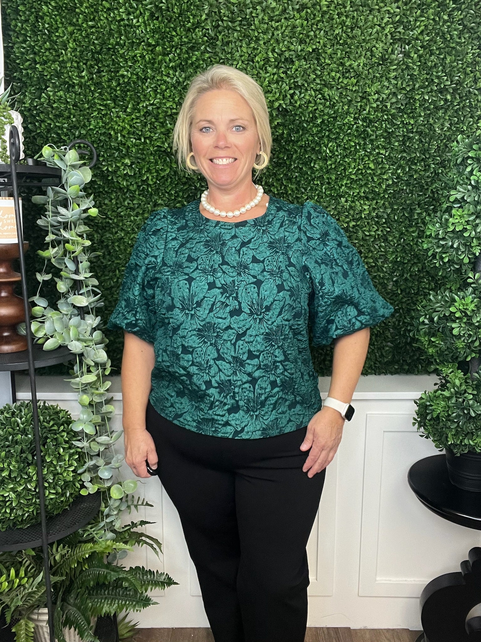 ROUND NECK PUFF SLV BLOUSE - HUNTER GREEN