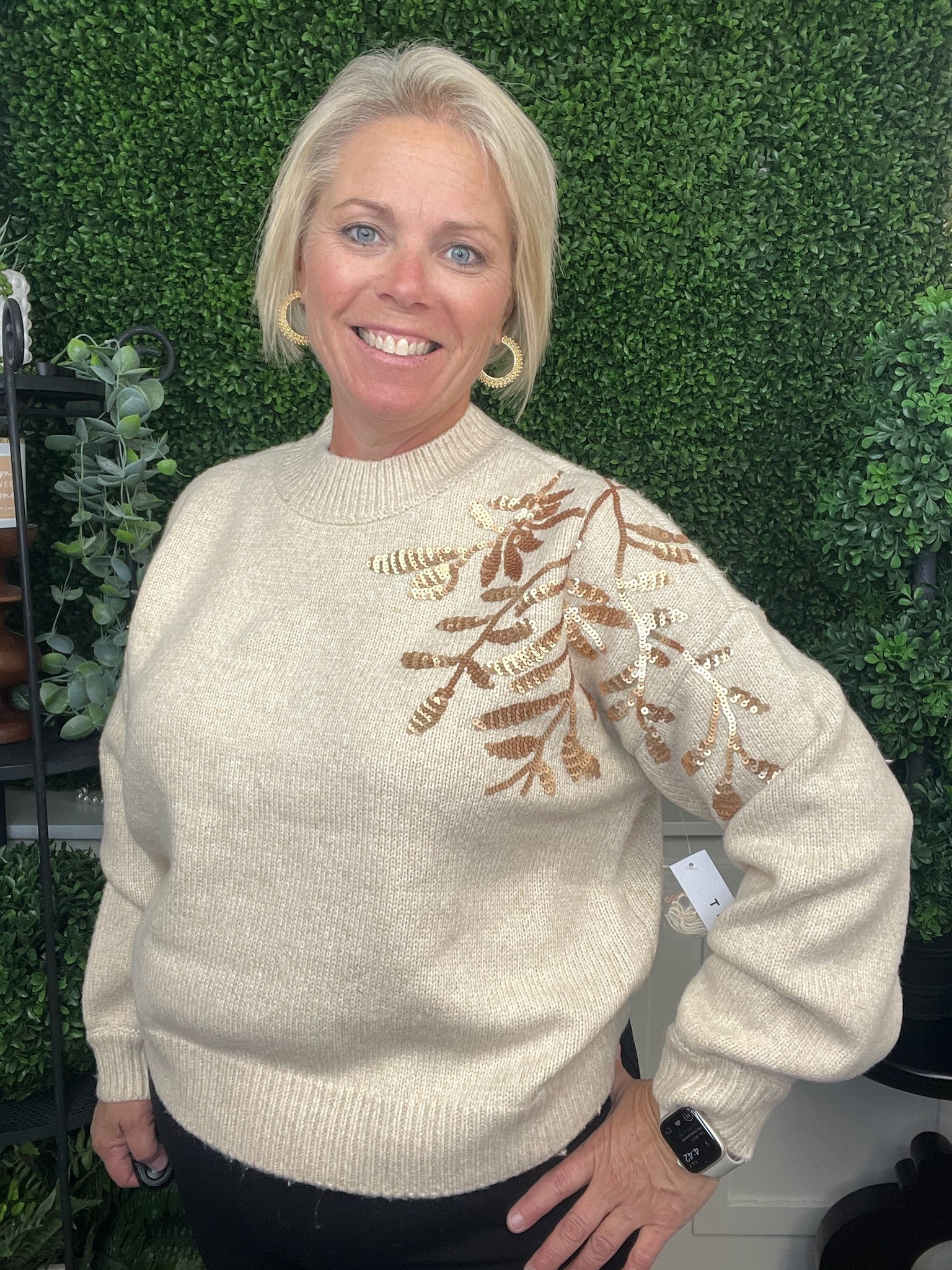 LS MOCK NECK SWEATER W/SEQUINS - H LATTE