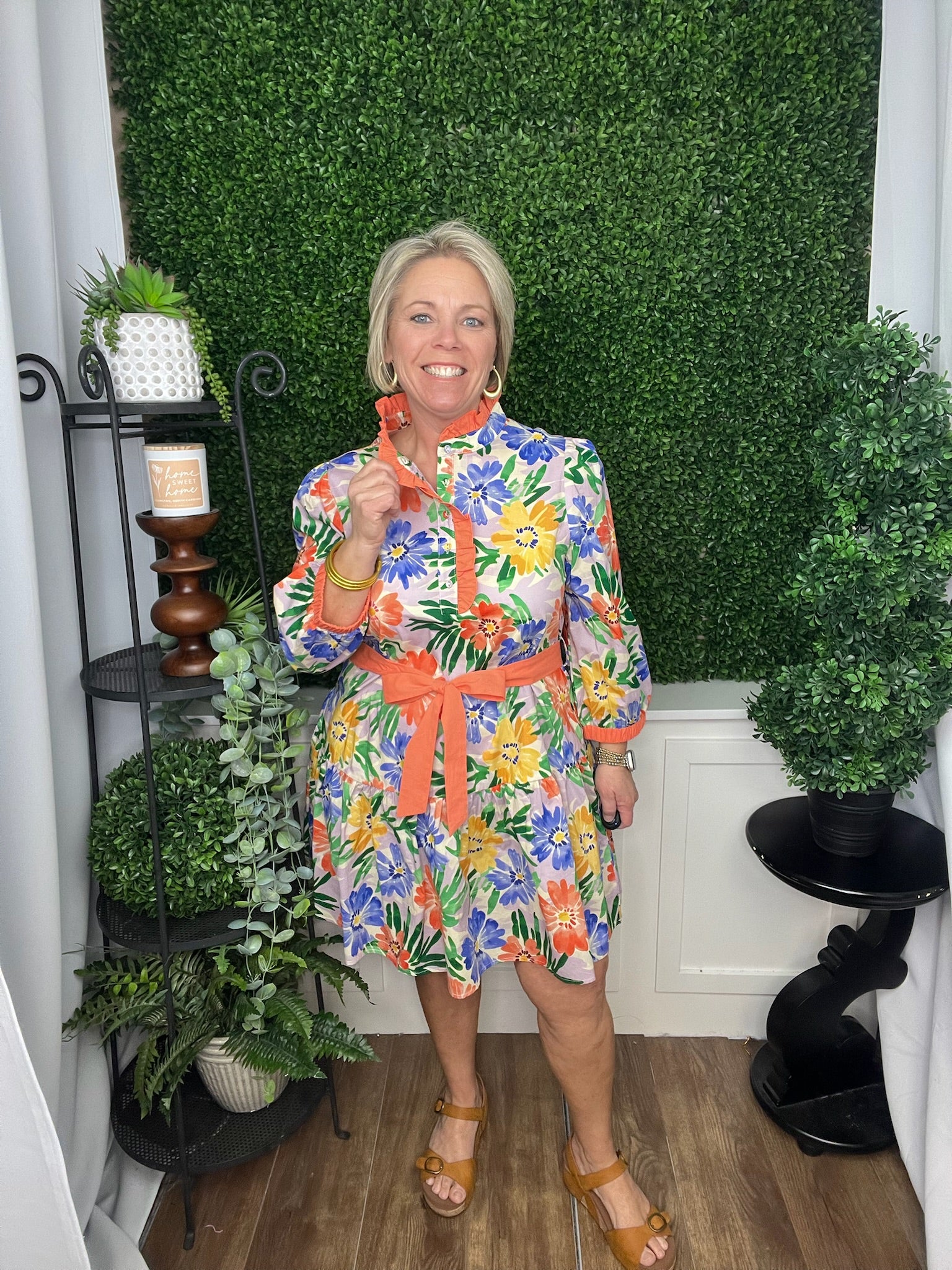 WAIST TIE FLORAL TIERED RESS - CORAL MIX