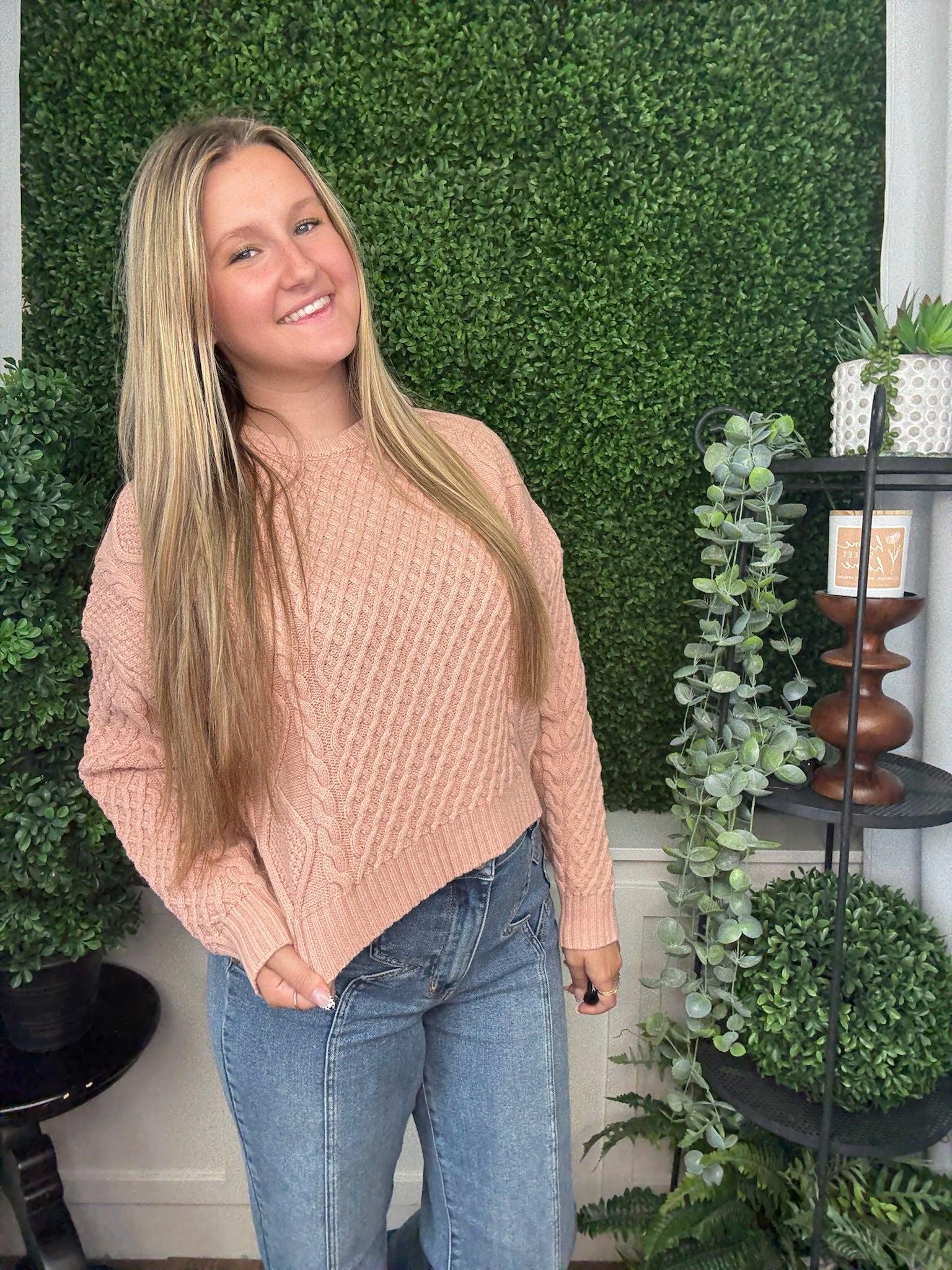 CASUAL SOLID CABLE KNIT SWEATER - BLUSH