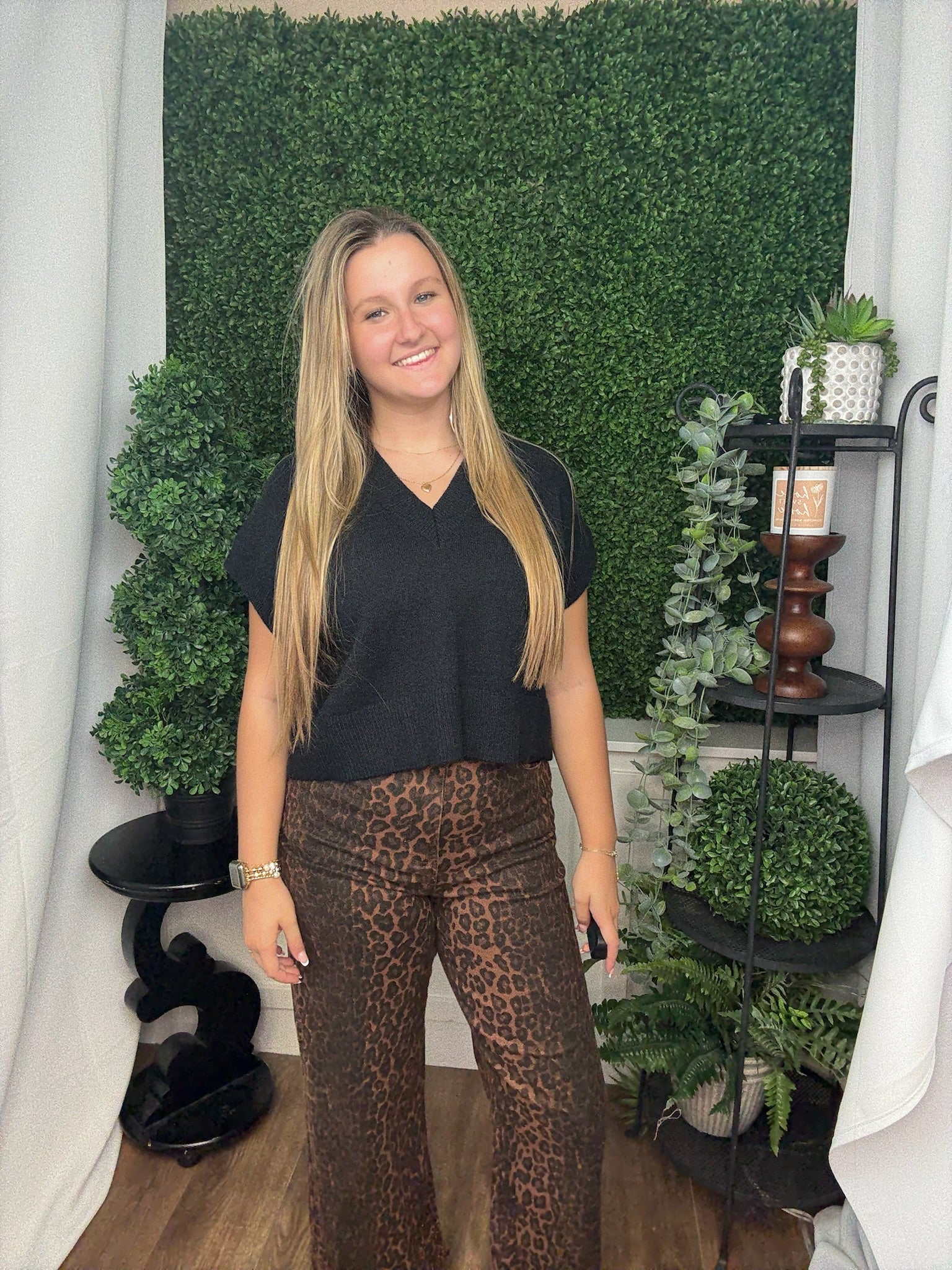 LEOPARD PATTERN PANTS W/FLORAL EMBROIDERED HEM