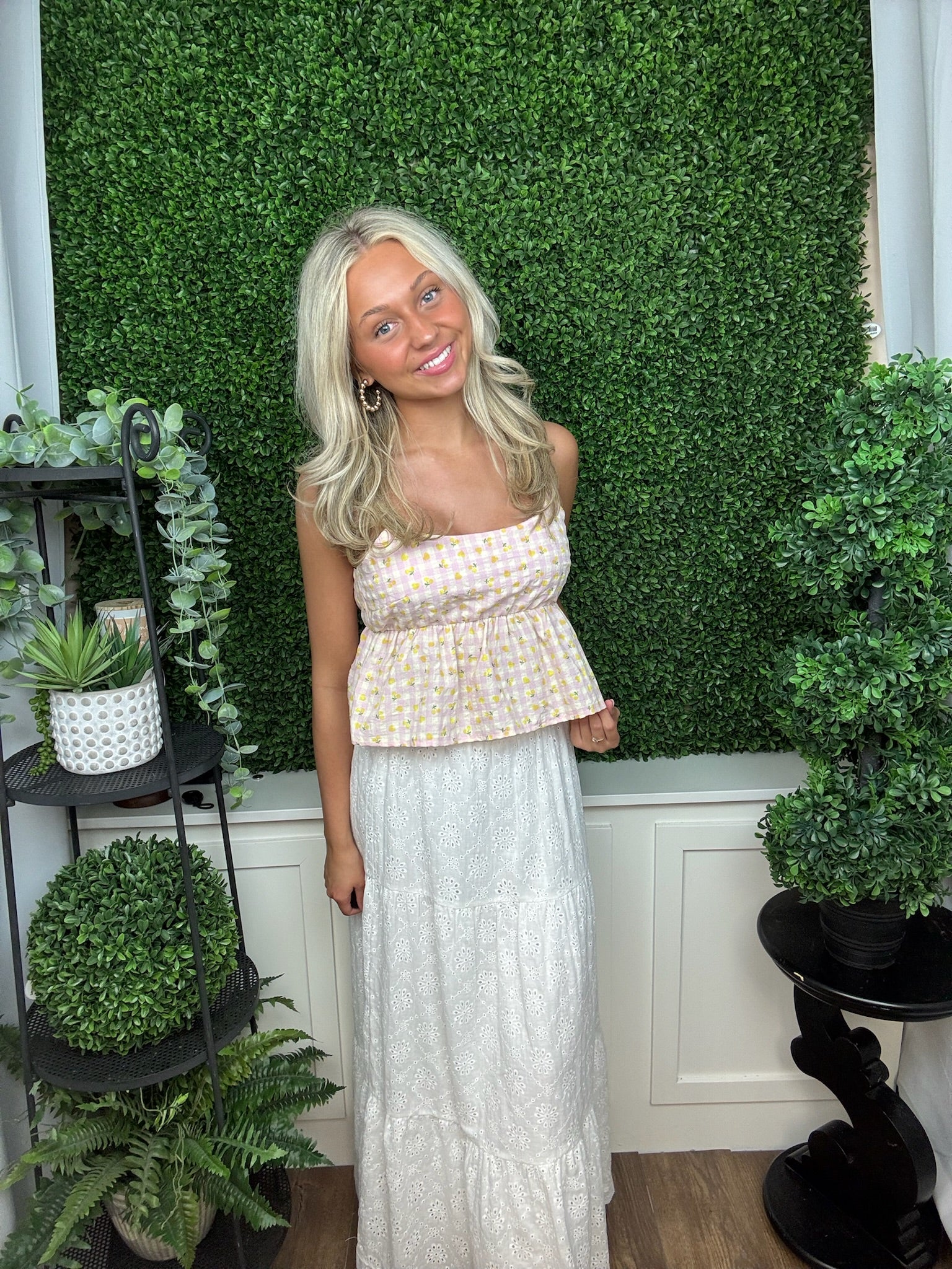 PRINTED GINGHAM RUFFLE TANK TOP - PINK MULTI