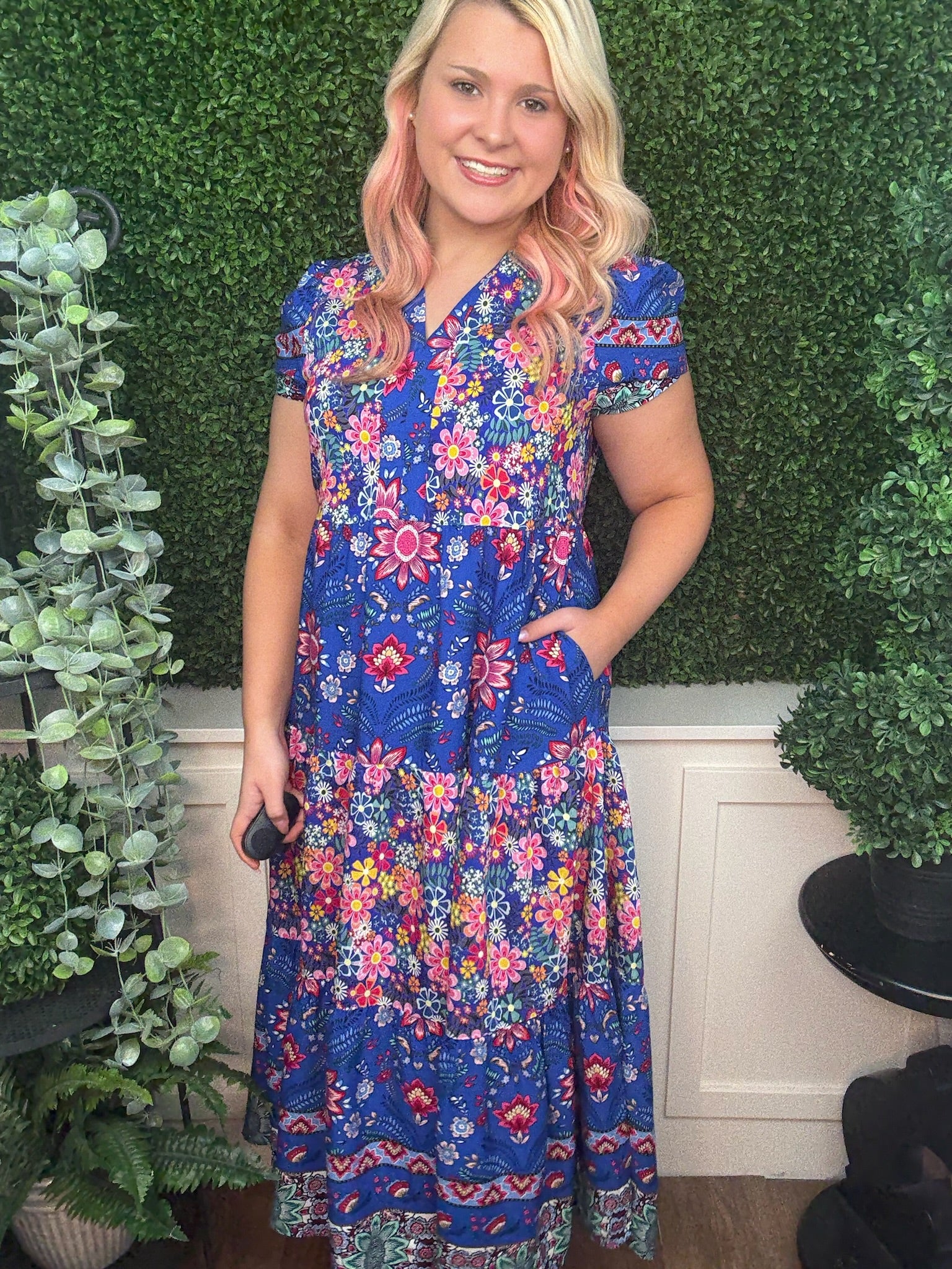 MIXED PRINT TIERED MIDI DRESS - COBALT MIX