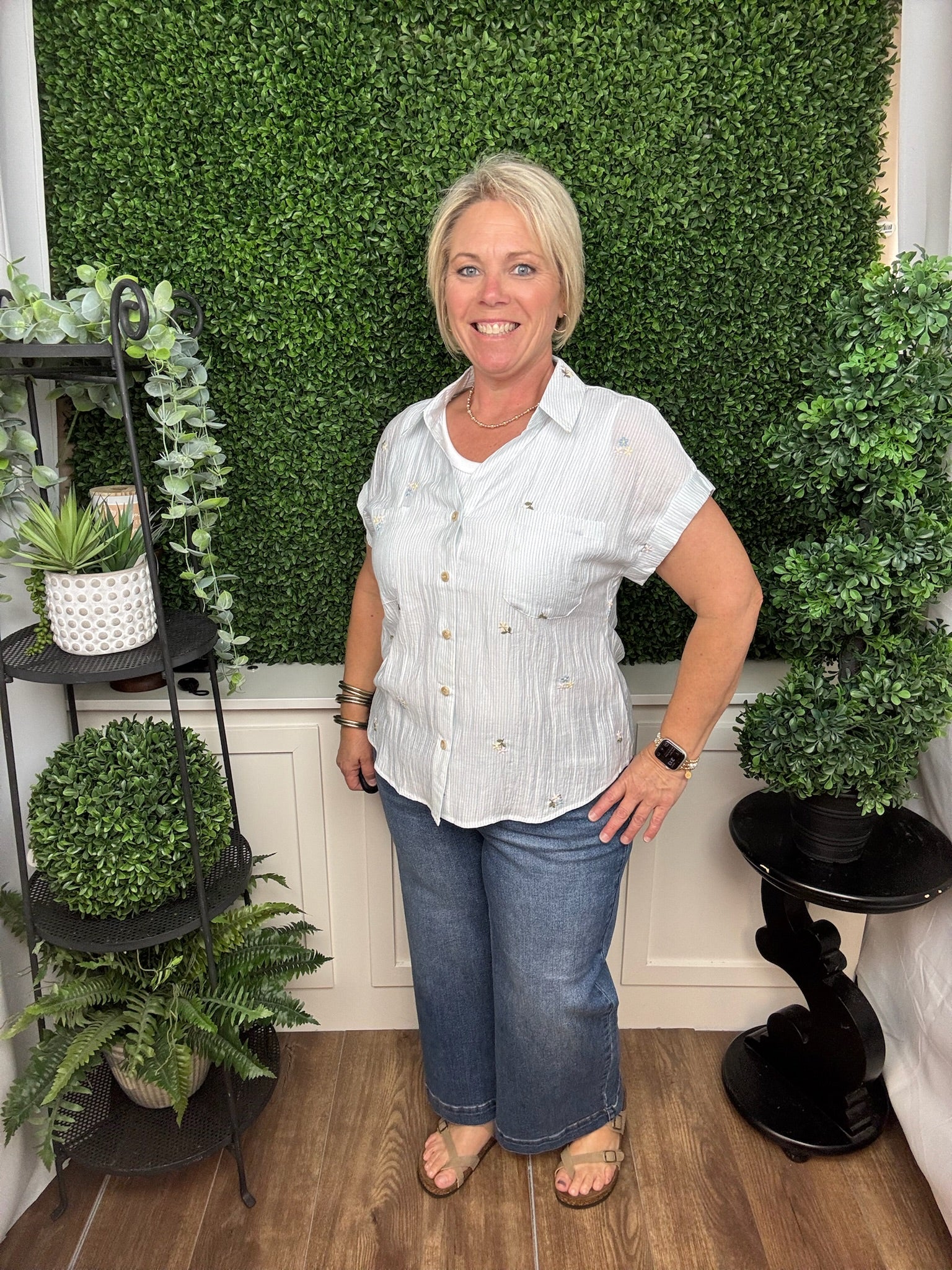 Light Blue Floral Embroidered Button-Up Blouse