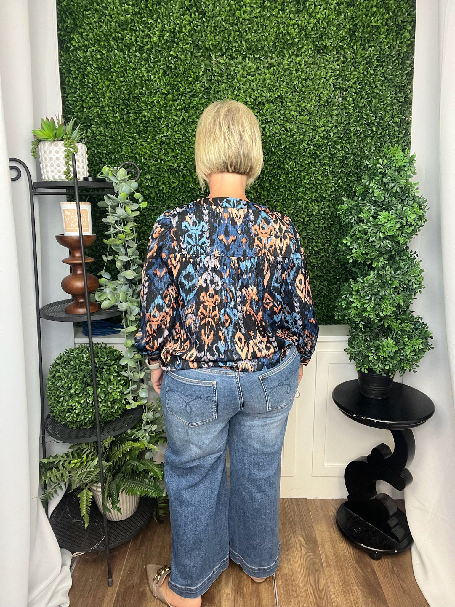 3/4 SLEEVE V-NECK POPOVER WOVEN BLOUSE BLUE MULTI IKAT