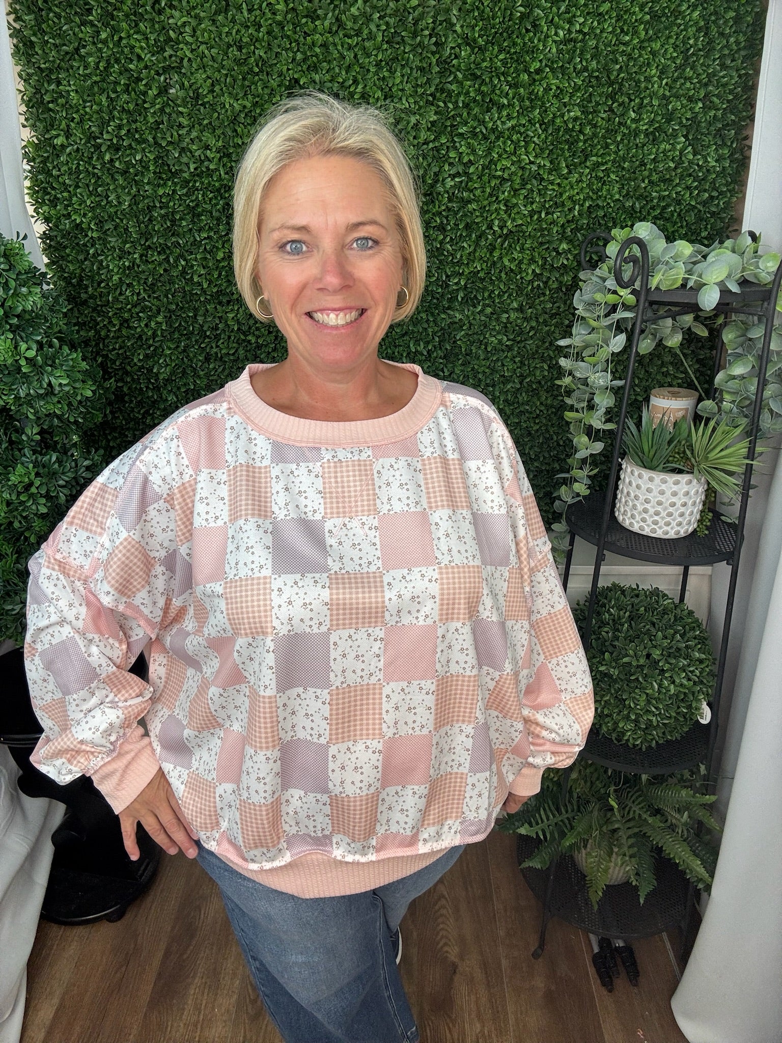 LONG SLEEVE DROP SHOULDER PATCHWORK PULLOVER - BLUSH