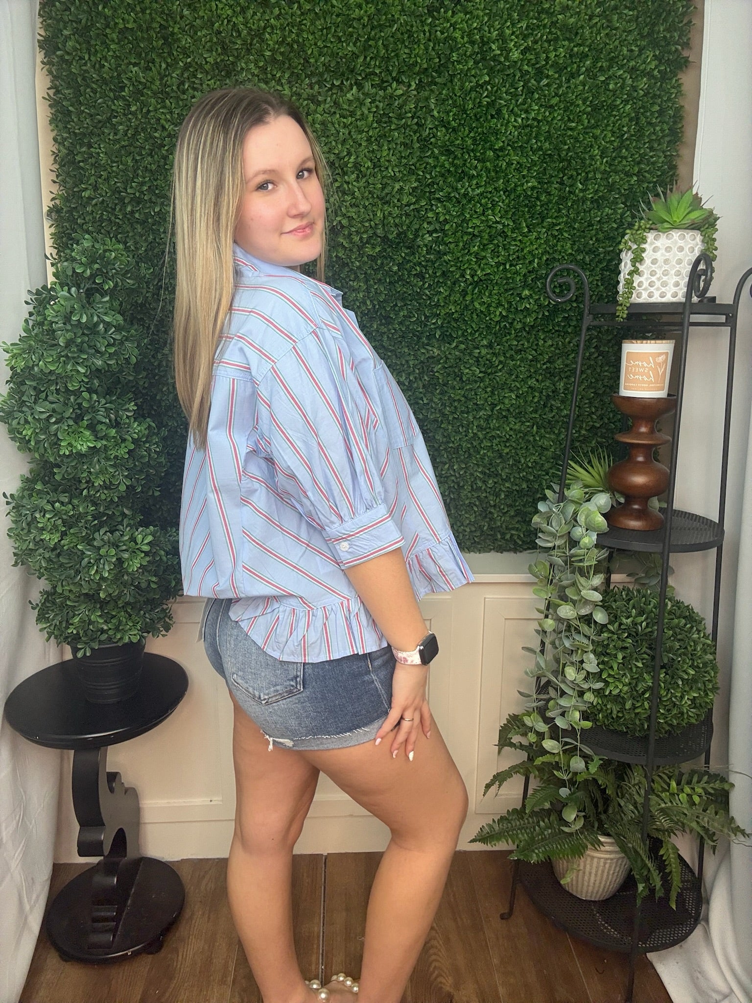 Skyline Stripe Ruffle Hem Blouse