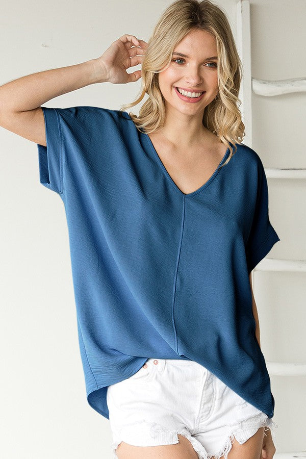 VNECK SHORT-SLEEVE RELAXED FIT WOVEN TOP