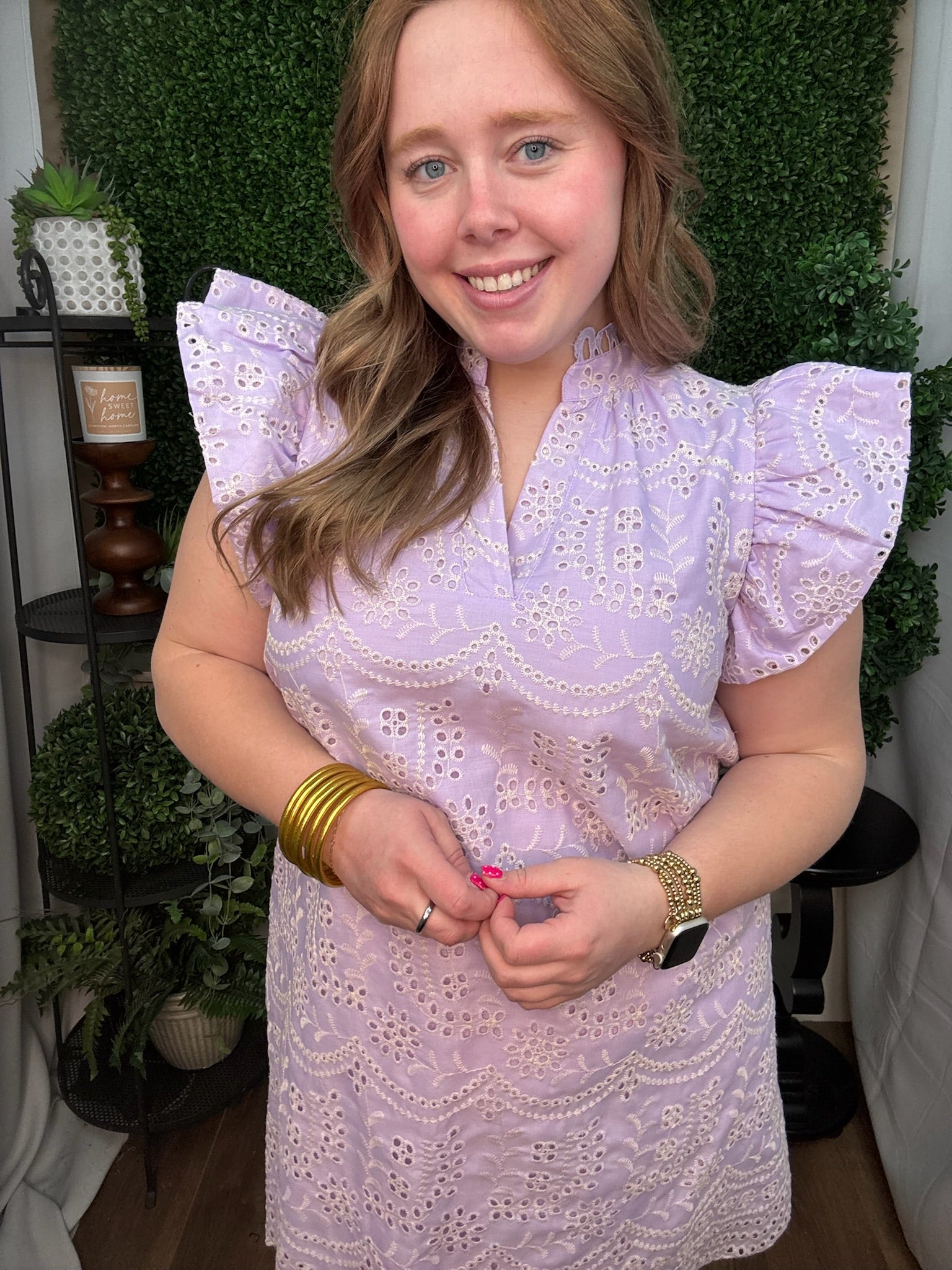 Lavender Eyelet Flutter Sleeve Shift Dress