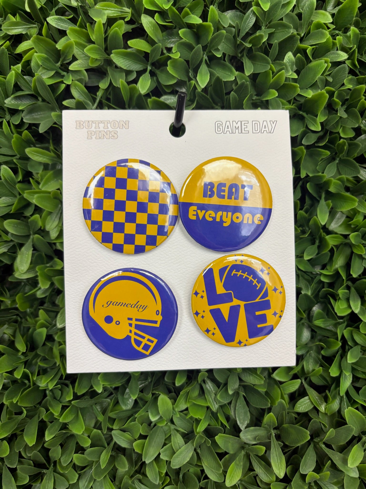 SET OF FOUR GAME DAY FOOTBALL BUTTONS - PURPLE/YELLOW
