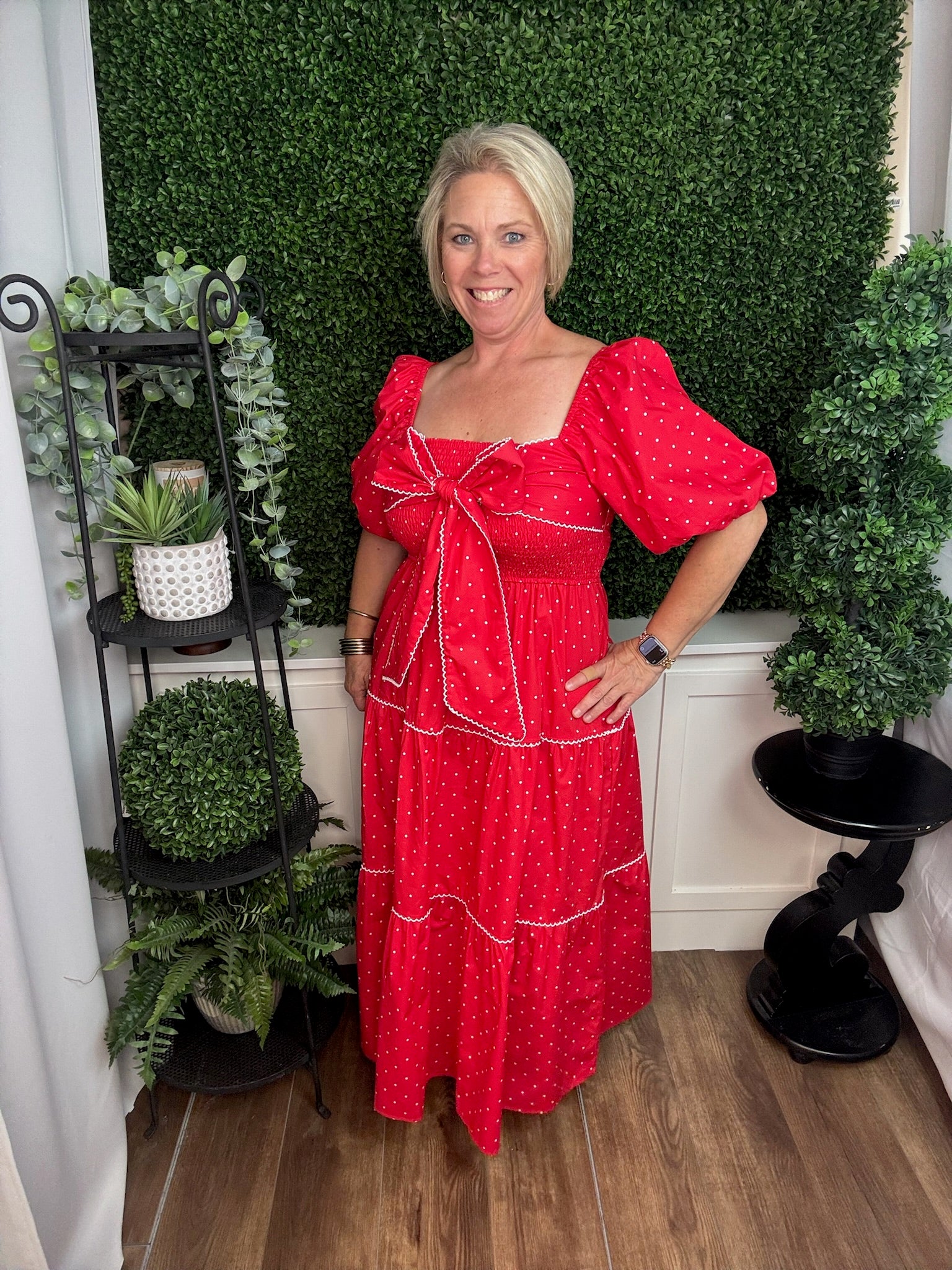 Scarlet Polka Smocked Tie-Front Dress