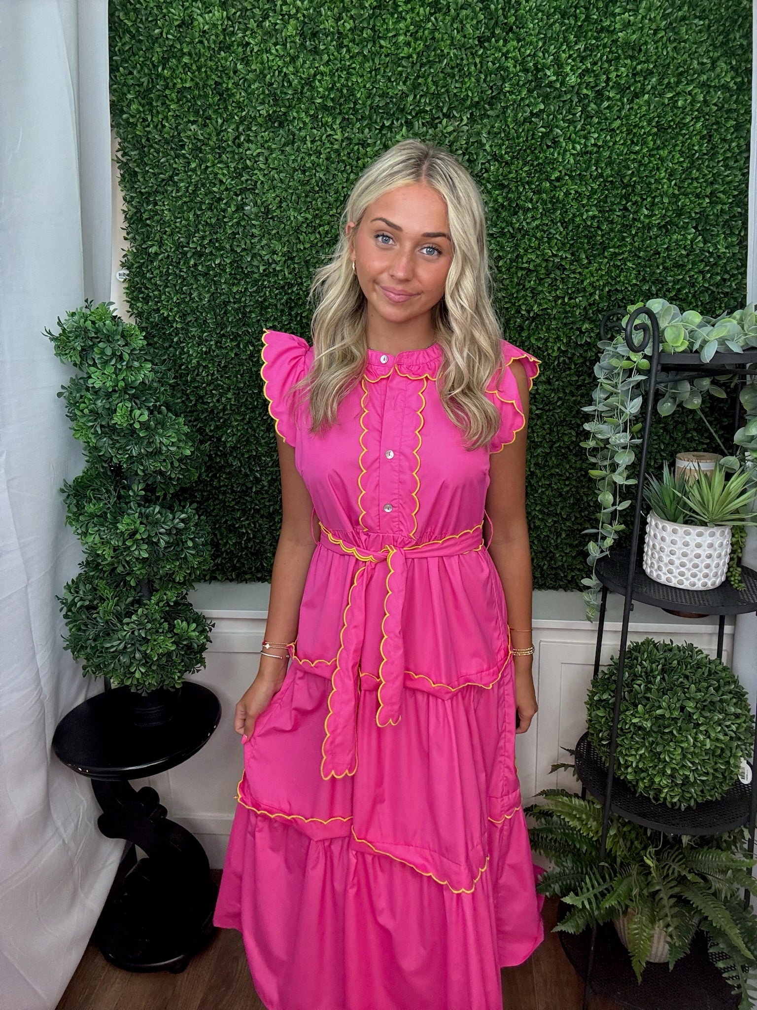 Tiered Midi Dress with Ruffle Sleeves and Tie Waist