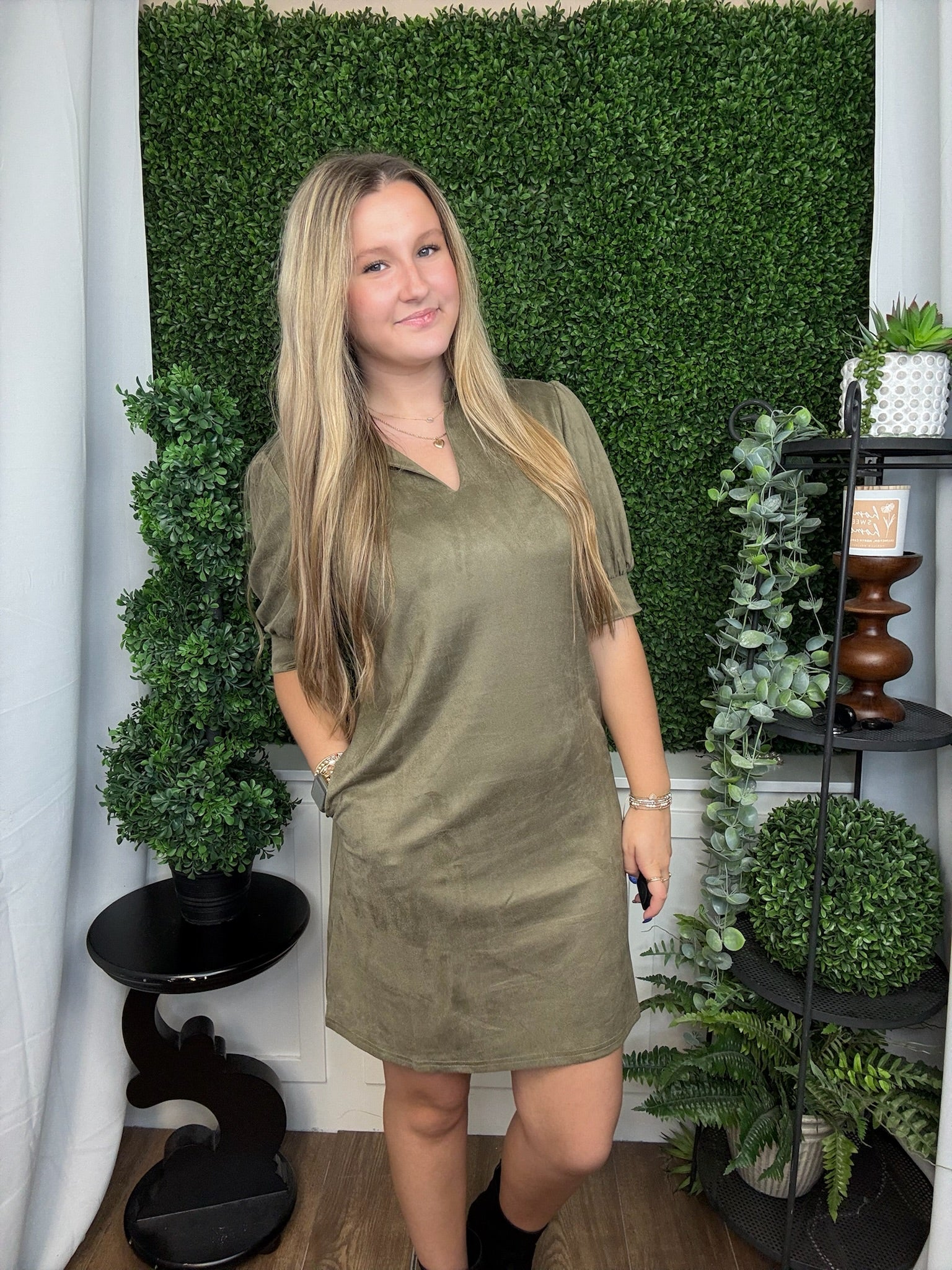 BUBBLE SLEEVE PLAID DRESS - OLIVE