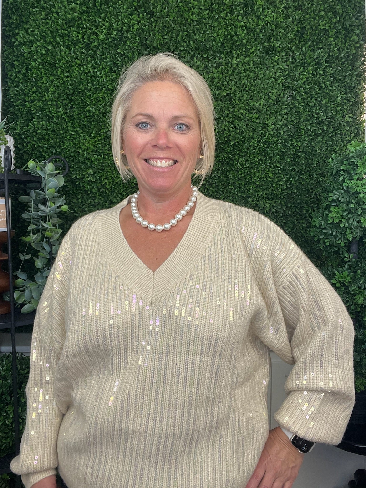 HOLIDAY CLEAR SEQUINS CHRISTMAS VNECK SWEATER TOP - OATMEAL