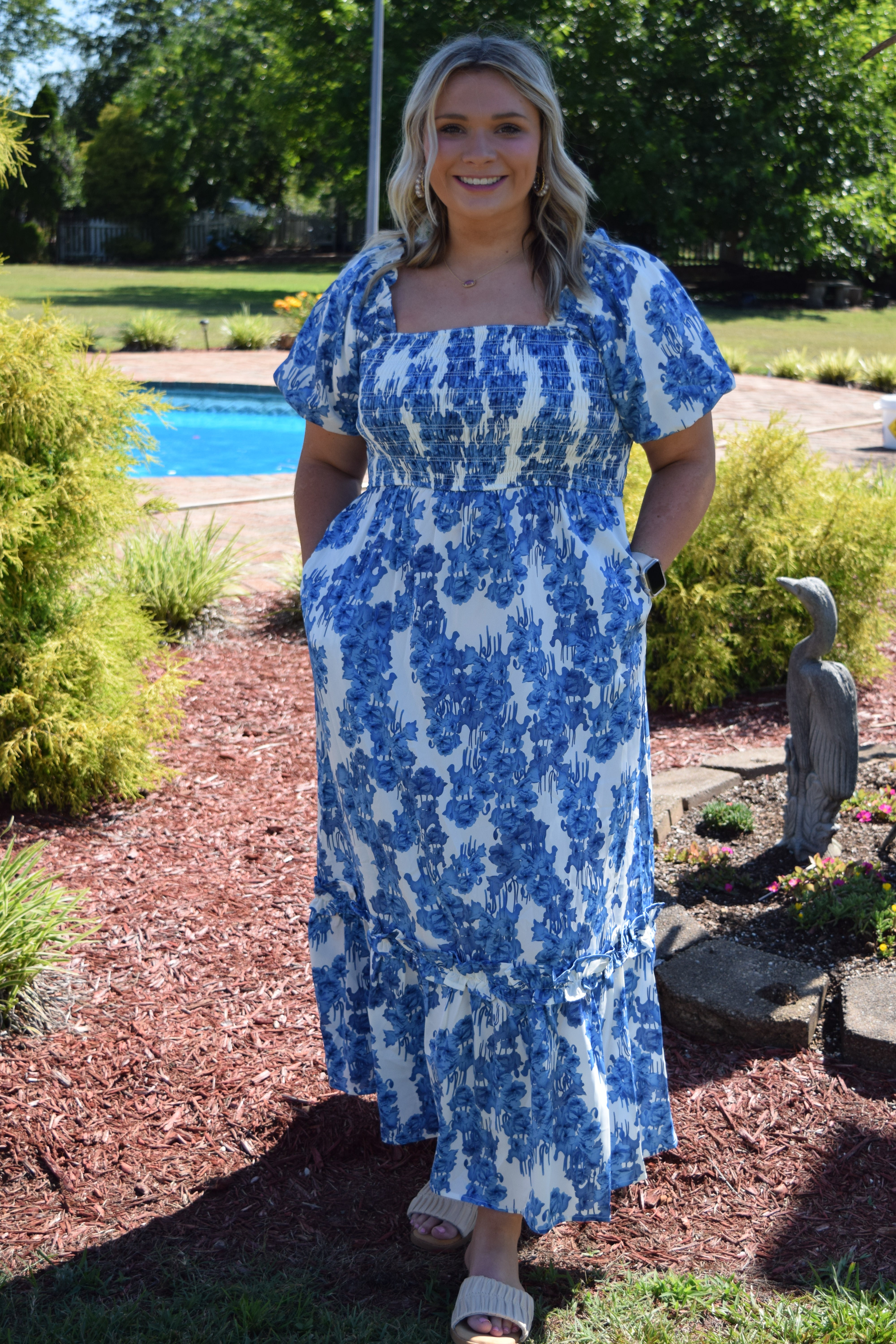 FLORAL SMOCKED PUFF SLEEVE DRESS - BLUE