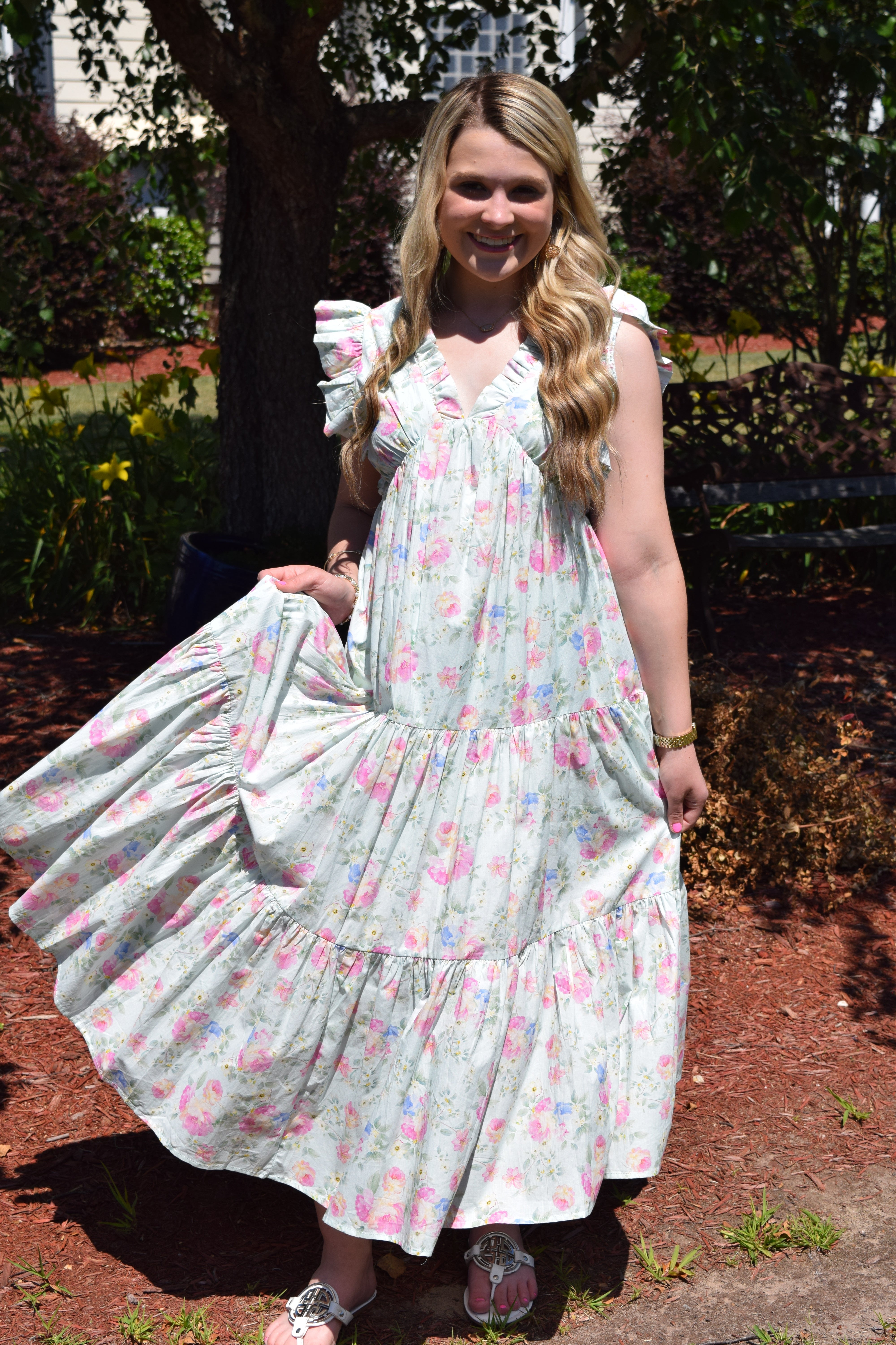 FLORAL TIERED MAXI DRESS WITH CAP SLEEVE - SKYBLUE PINK