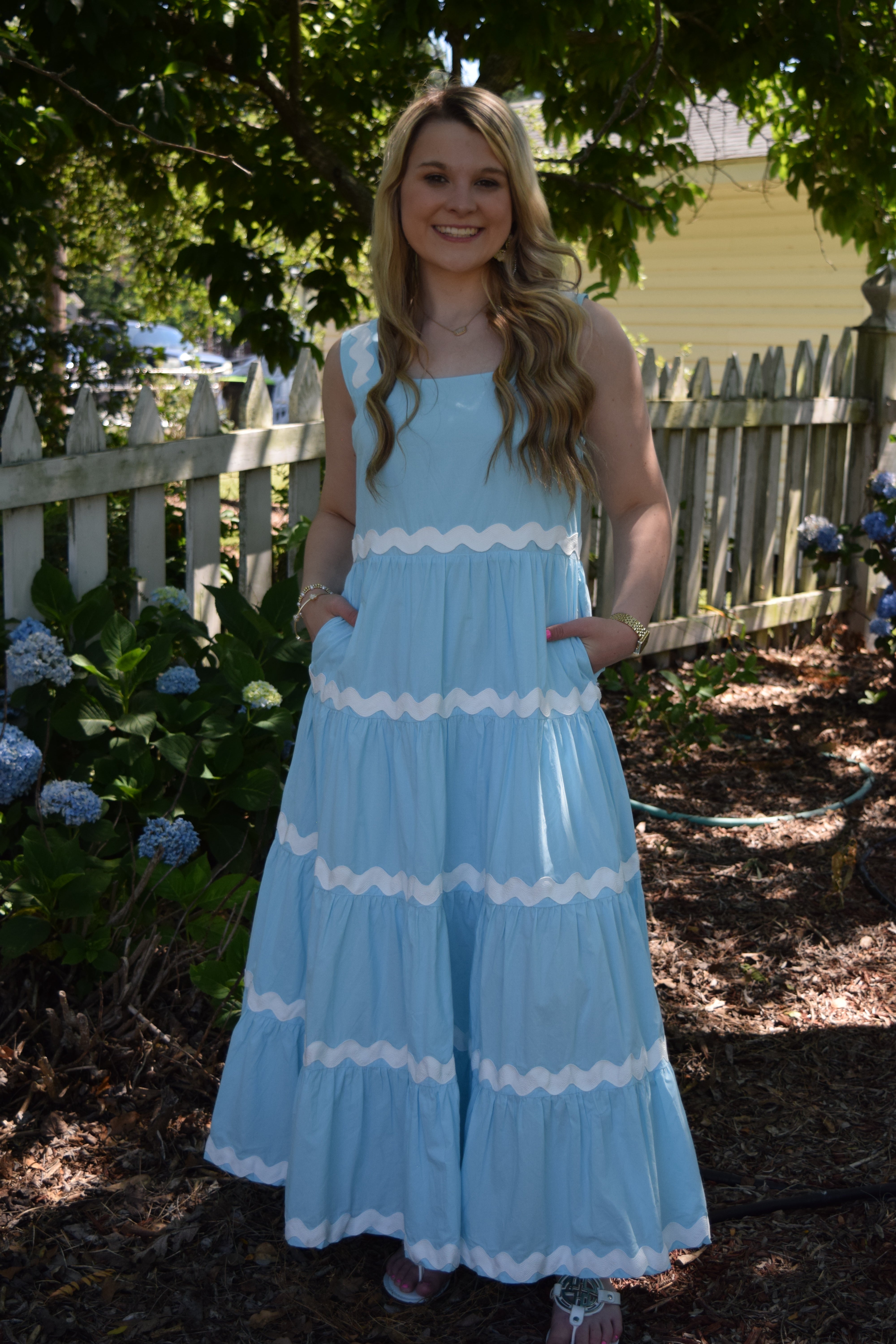 TIERED SPAGHETTI STRAP MAXI DRESS WITH RIC RAC DETAIL - SKY BLUE