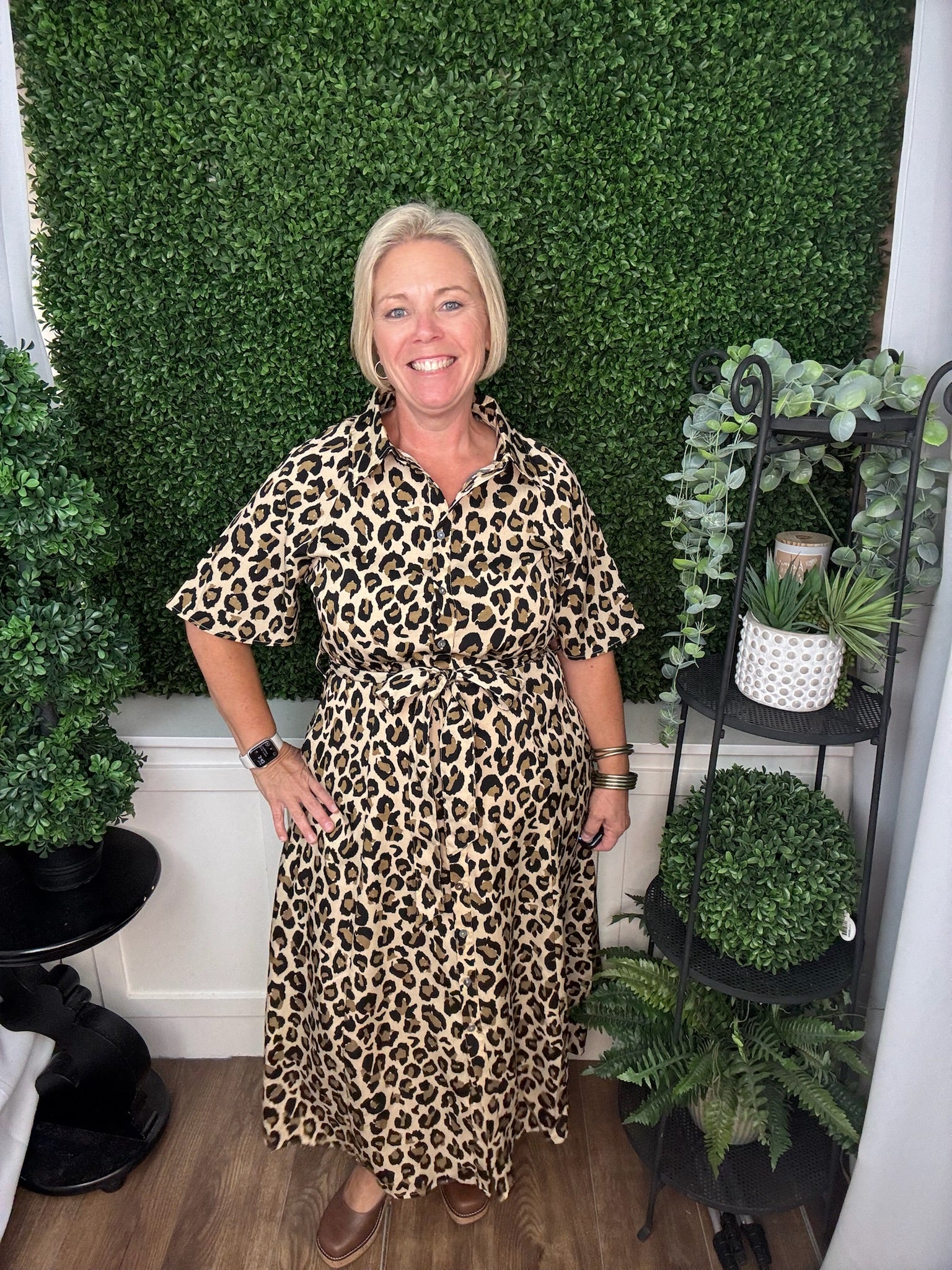 HALF SLEEVE BUTTON LEOPARD WOVEN MIDI DRESS - TAUPE