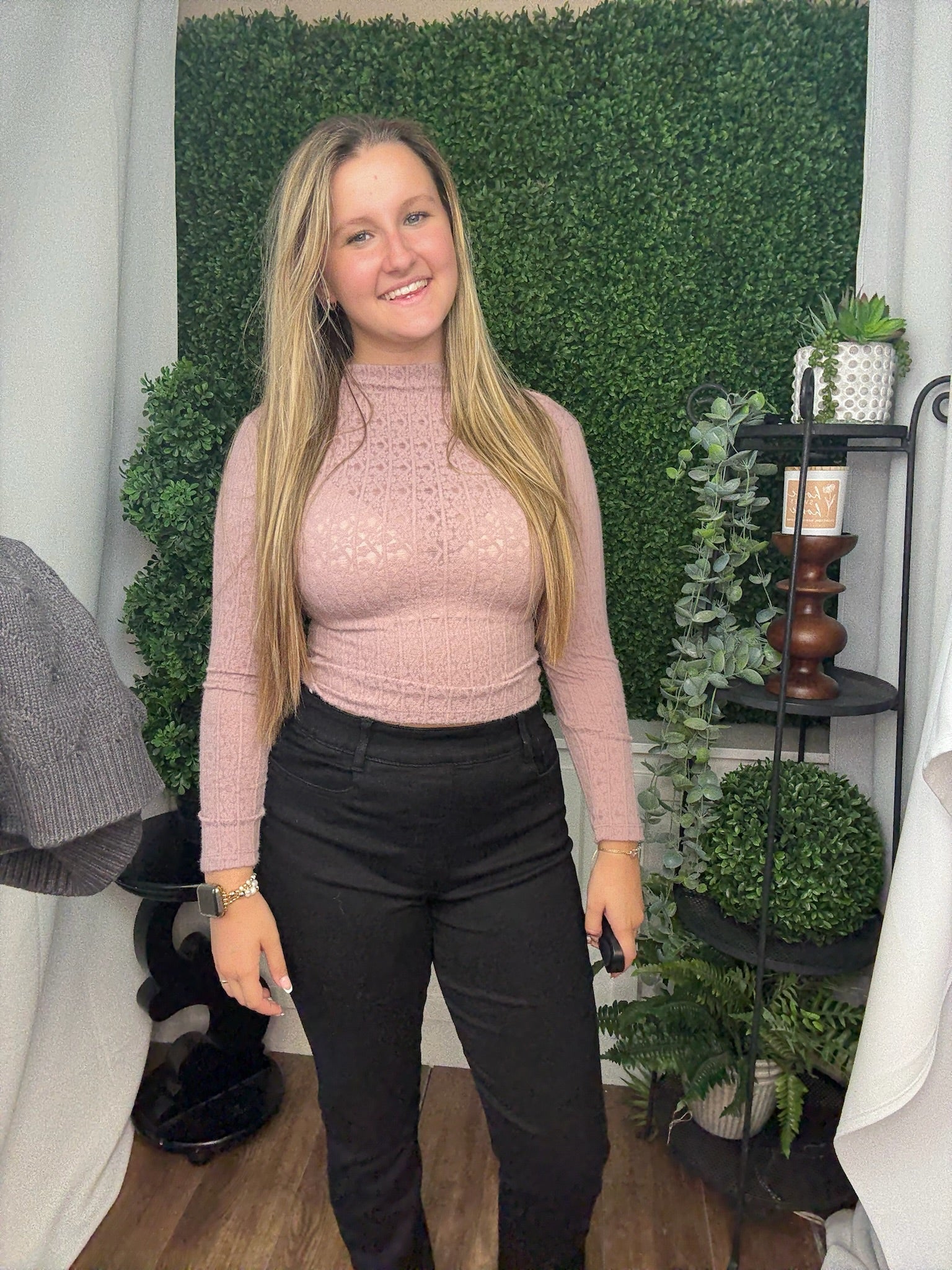 STRIPE FLORAL JACQUARD MOCKNECK LS TOP