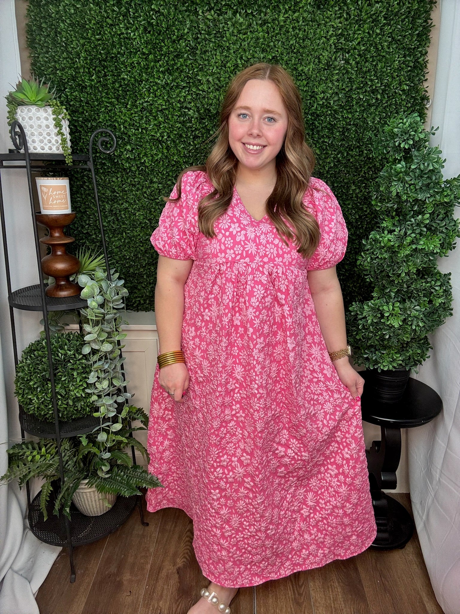 Rosette Bloom Puff Sleeve Midi Dress