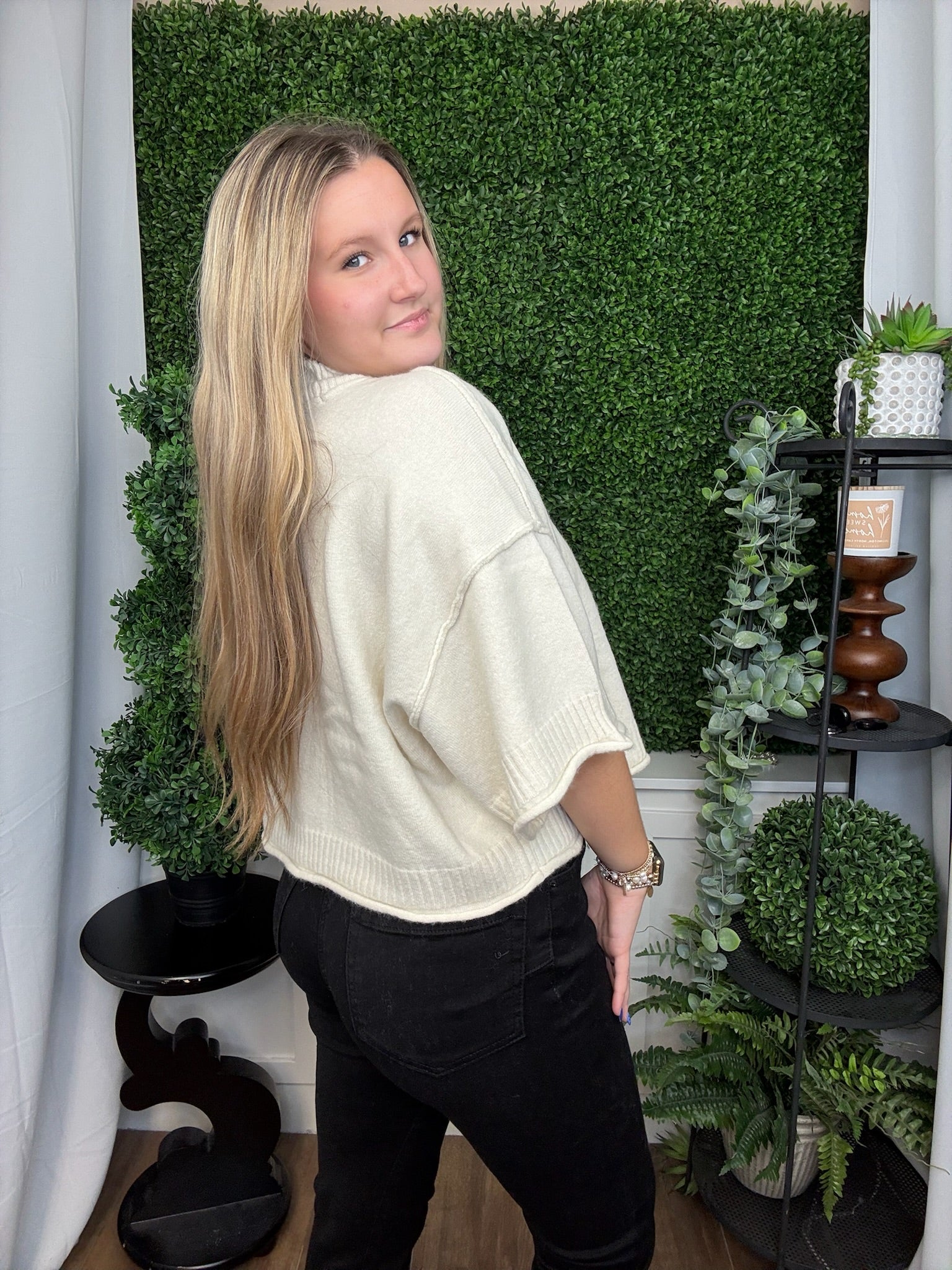 MARLED KNIT MOCK NECK SS SWEATER - IVORY