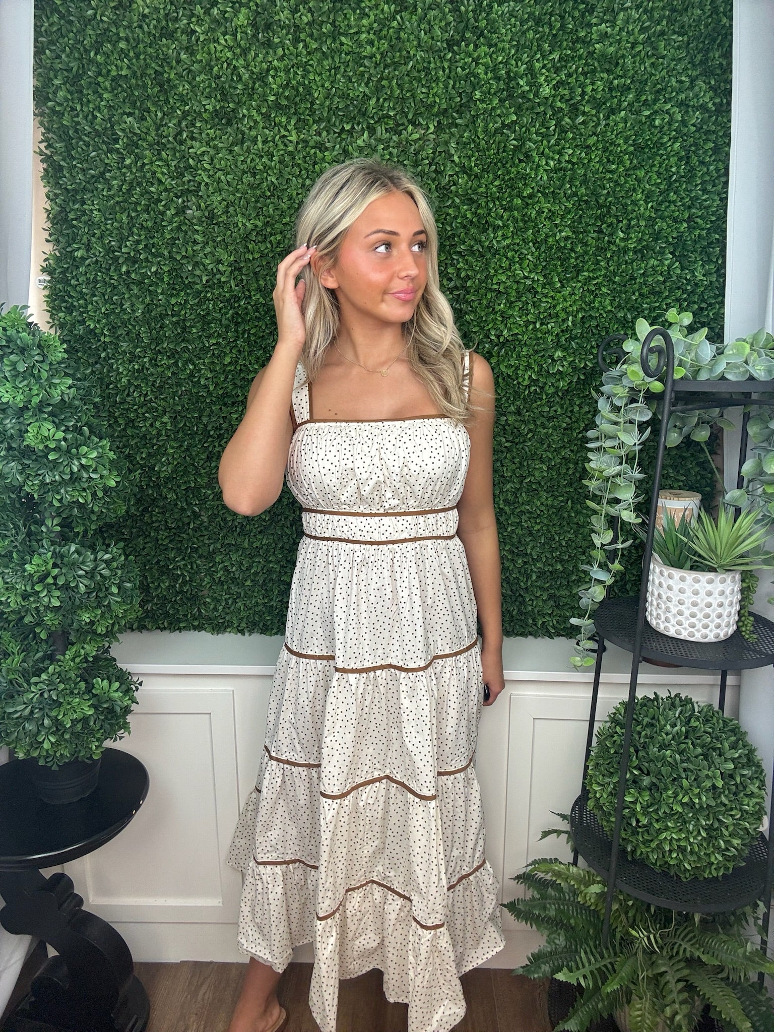 Ivory Polka Dot Tiered Midi Dress with Contrast Trim L