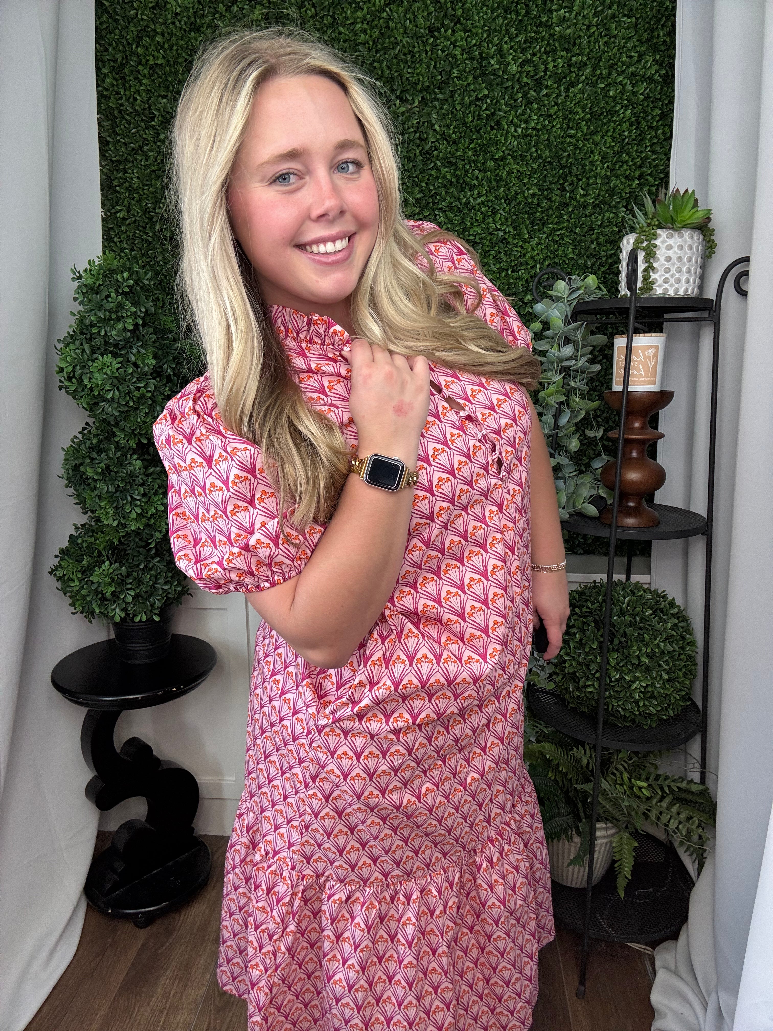 FLORAL PRINT PLEATED PUFF SLEEVE MIDI DRESS