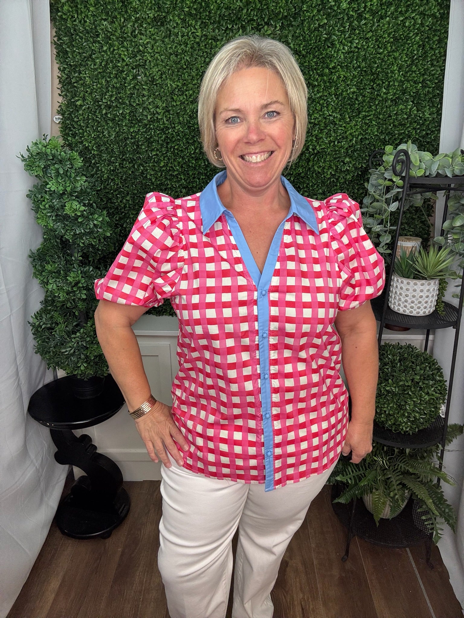 Gingham Puff Sleeve Contrast Collar Blouse