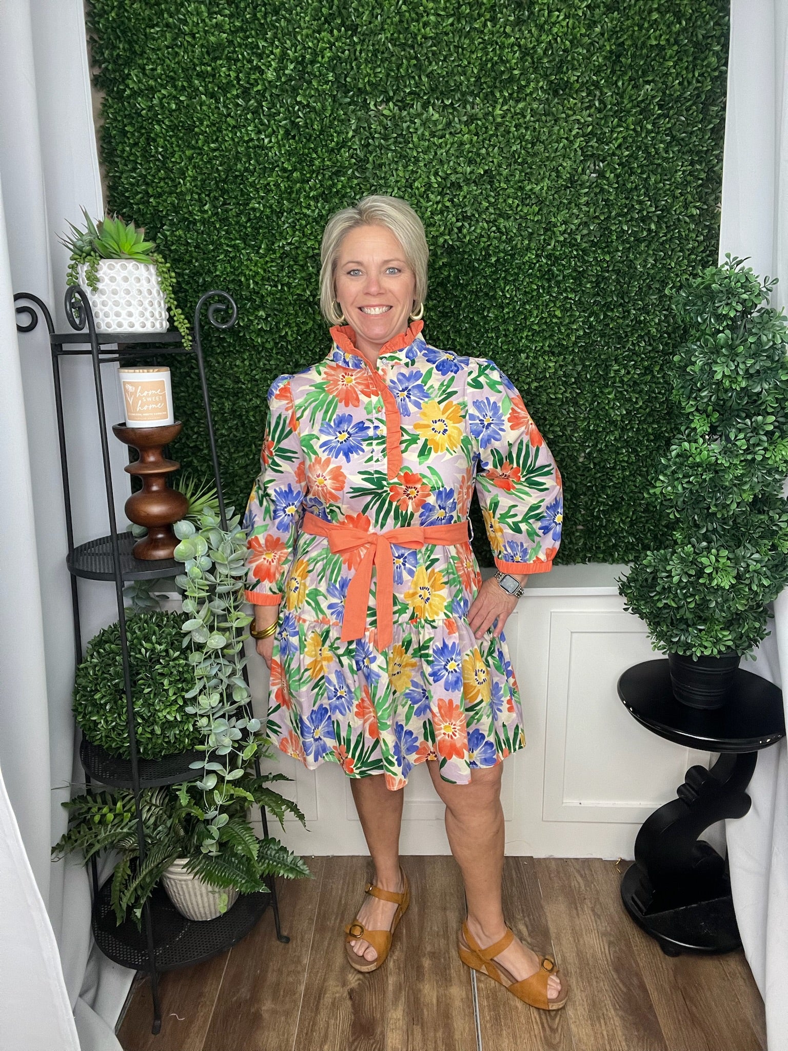 WAIST TIE FLORAL TIERED RESS - CORAL MIX