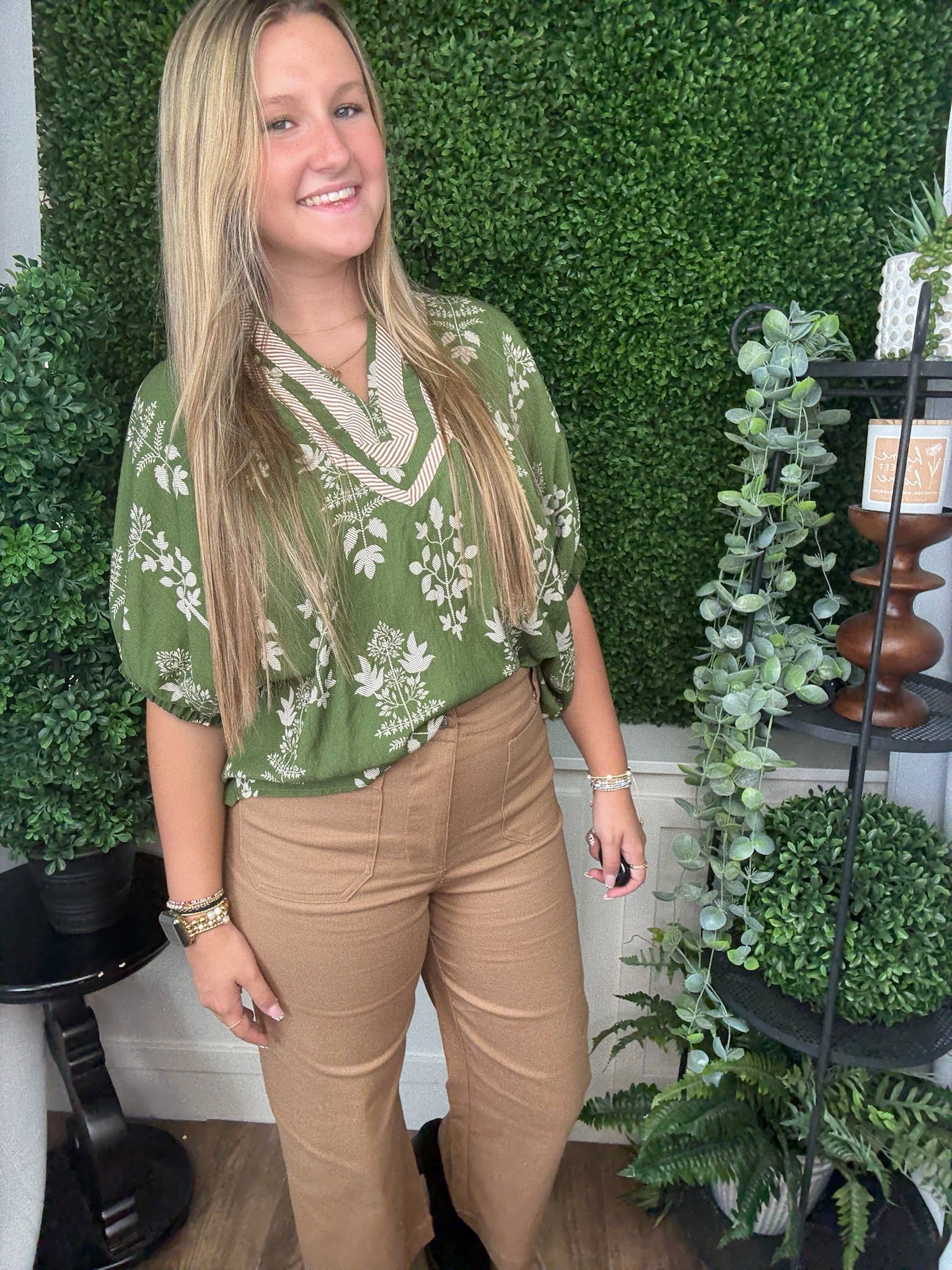 BUBBLE SLV BLOUSE - OLIVE