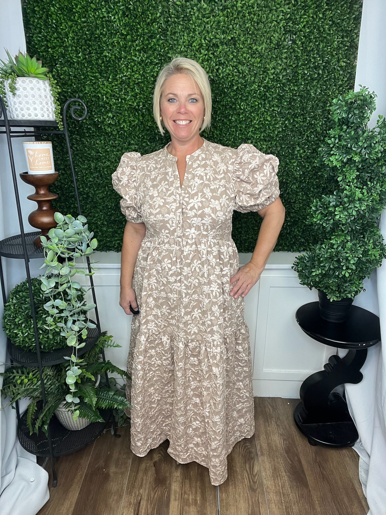 PUFF SLV MIDI DRESS - CHAMPAGNE