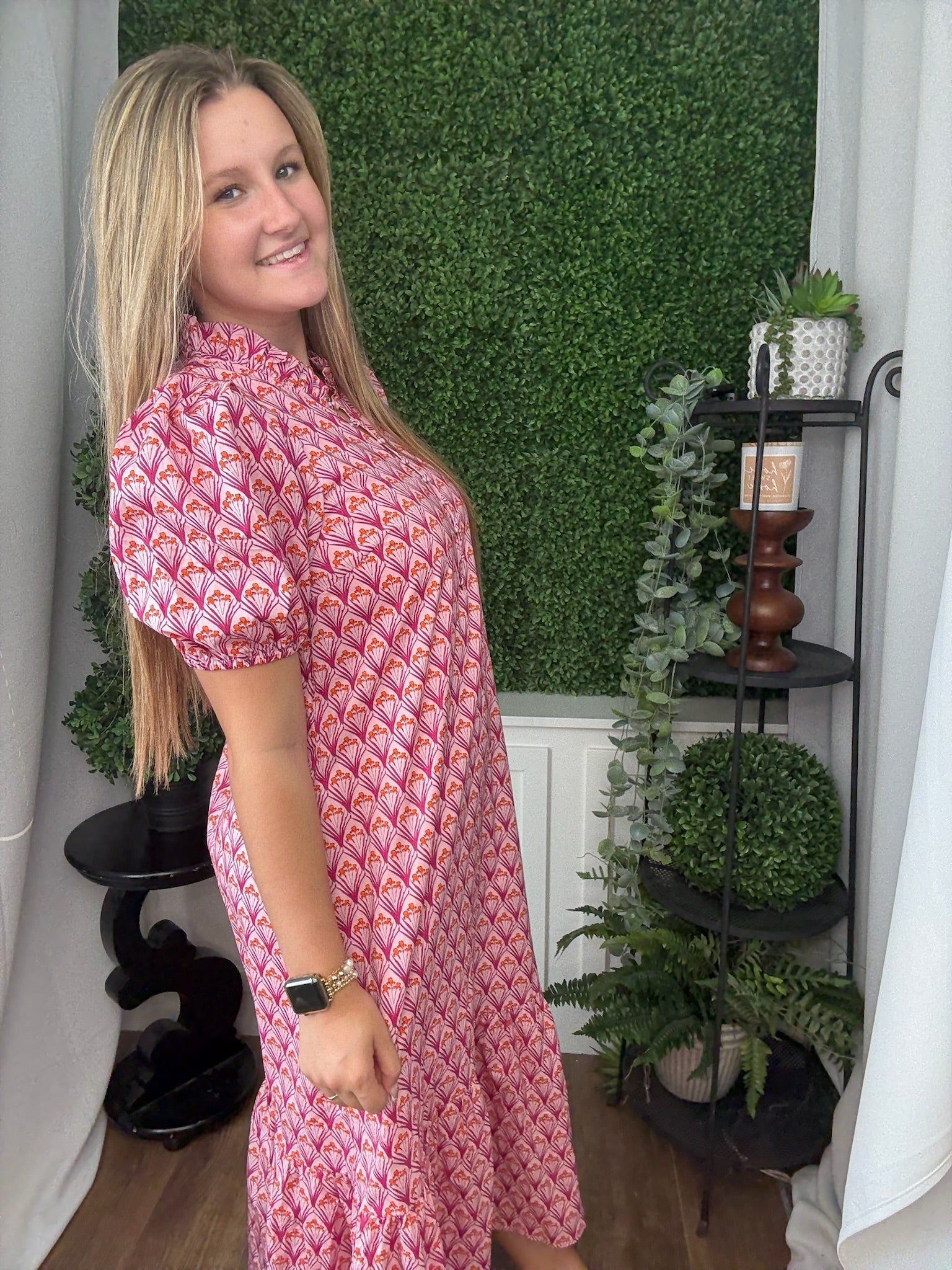 FLORAL PRINT PLEATED PUFF SLEEVE MIDI DRESS