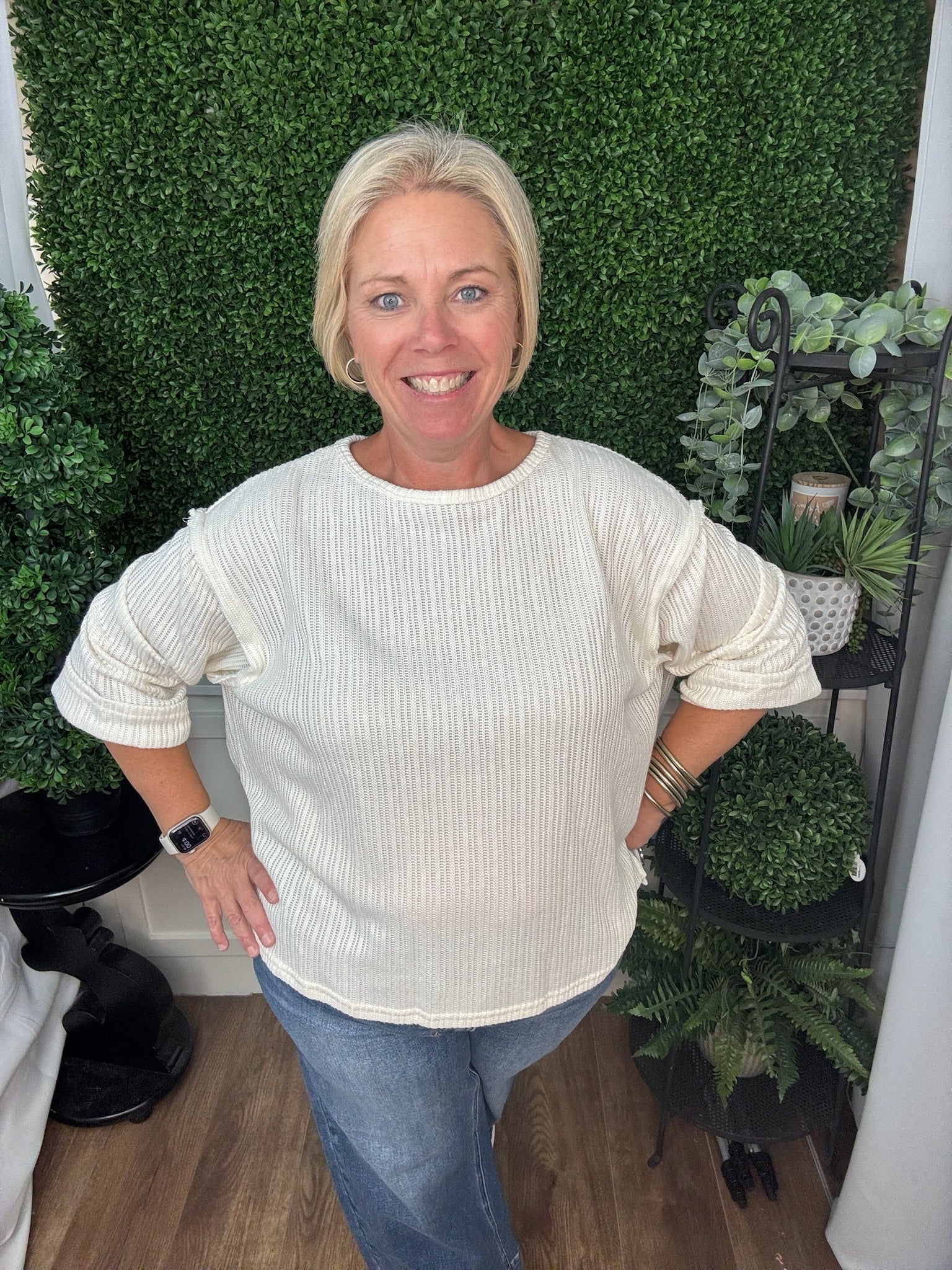 3/4 FOLDED SLEEVE KNIT TOP - OFF WHITE/ R. BLUE