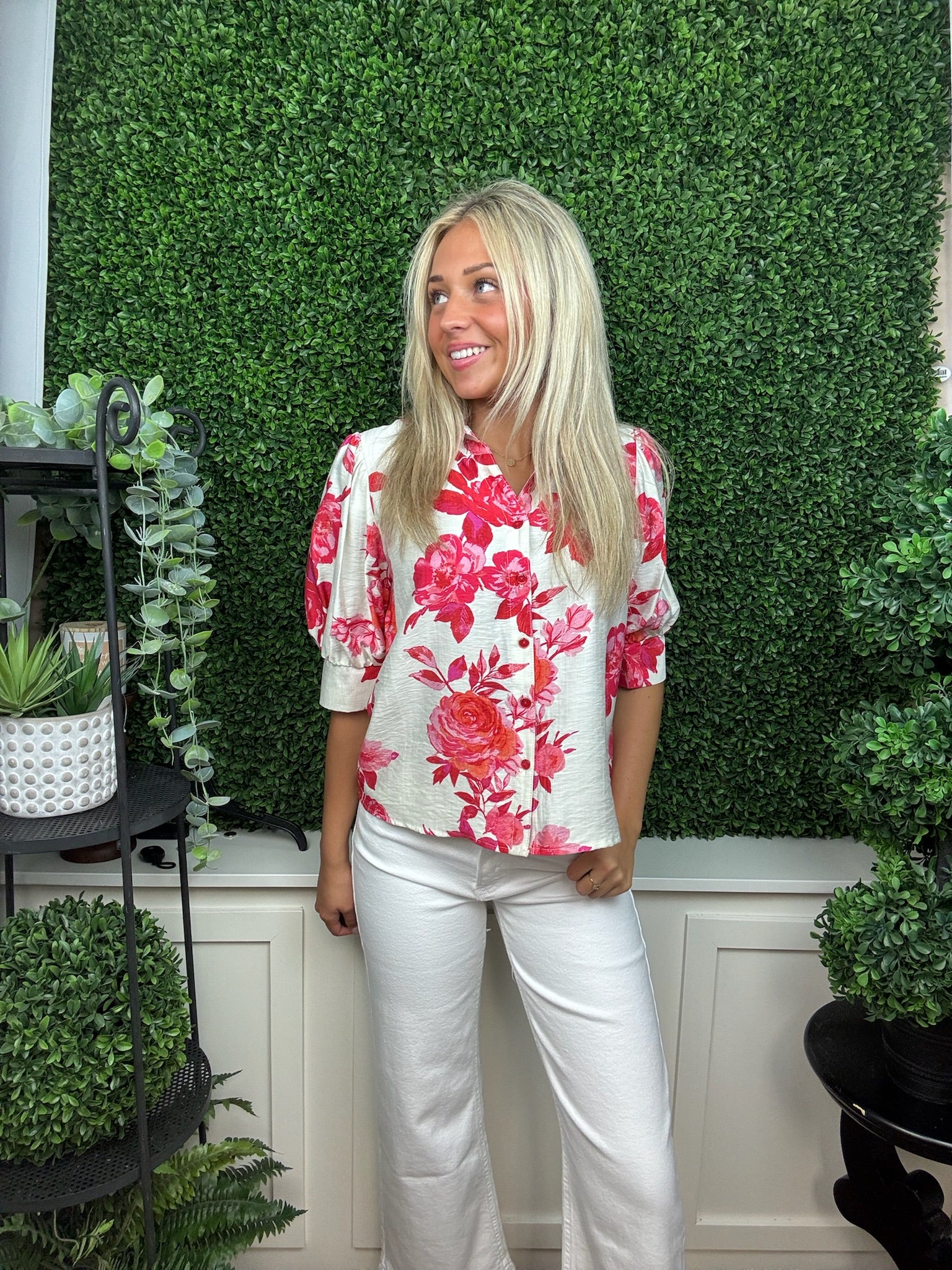 FLORAL LINIQUE BUTTON FRONT TOP PINK/IVORY