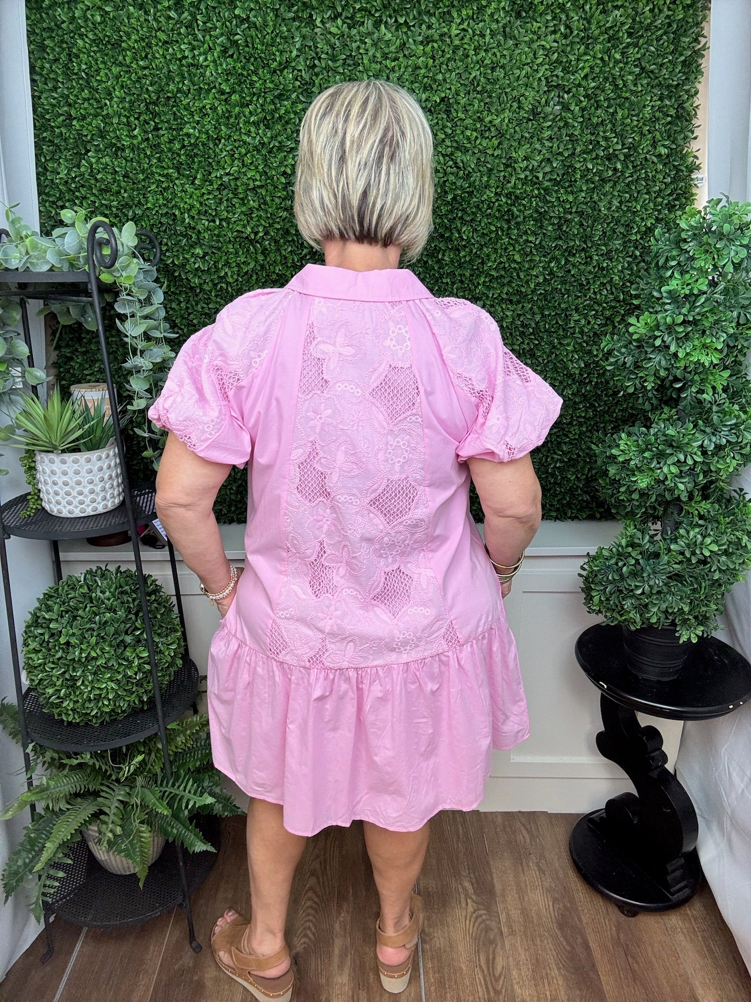 Pink Lace Panel Collared Dress