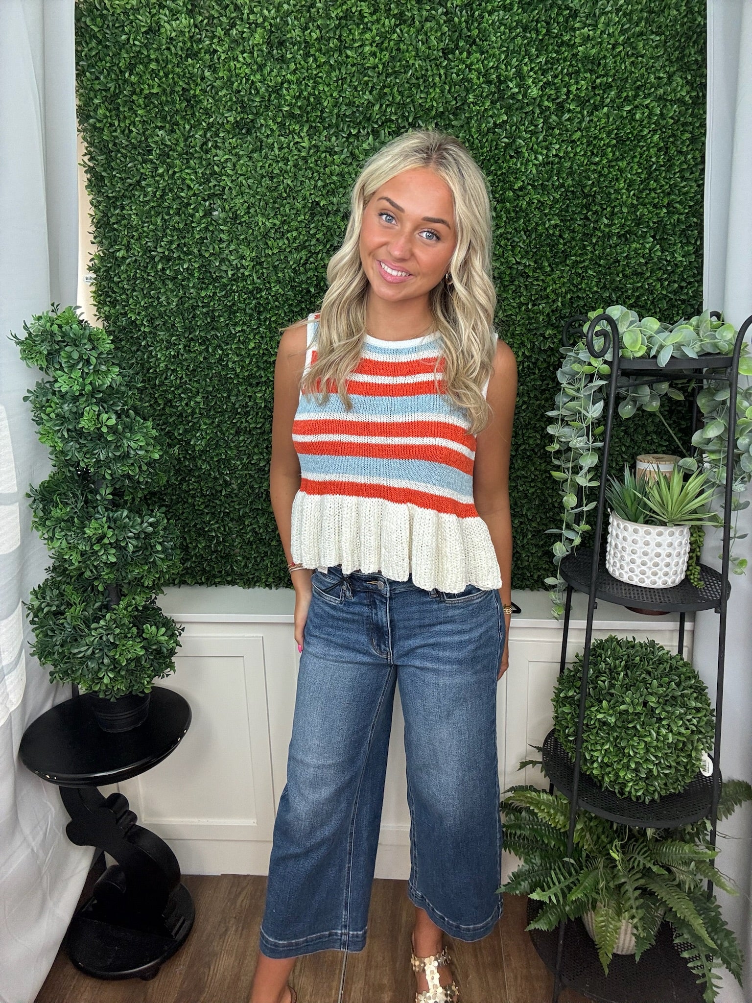 Striped Sleeveless Knit Peplum Top