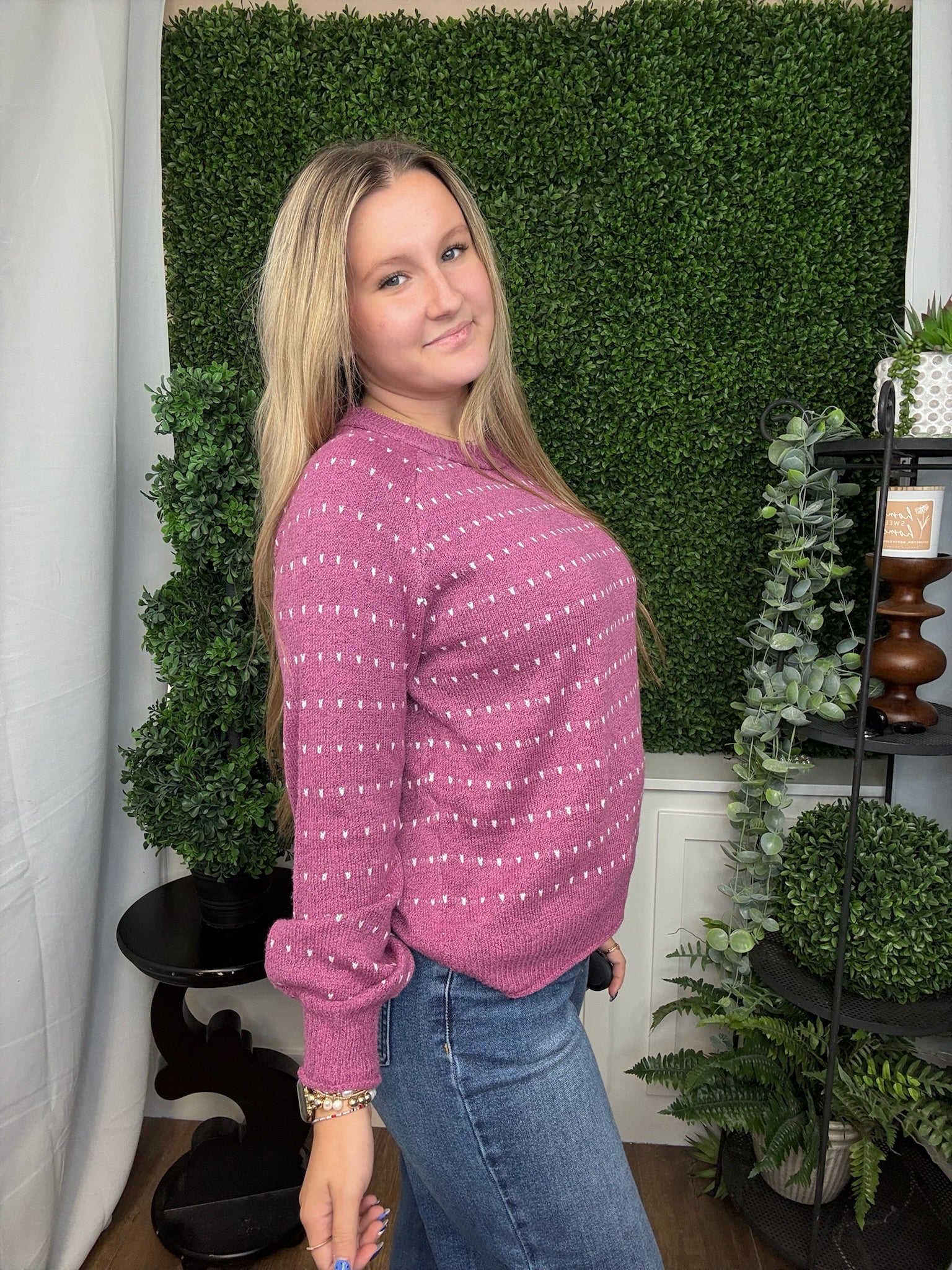 DOTTED STRIPED PULLOVER SWEATER - MAGENTA