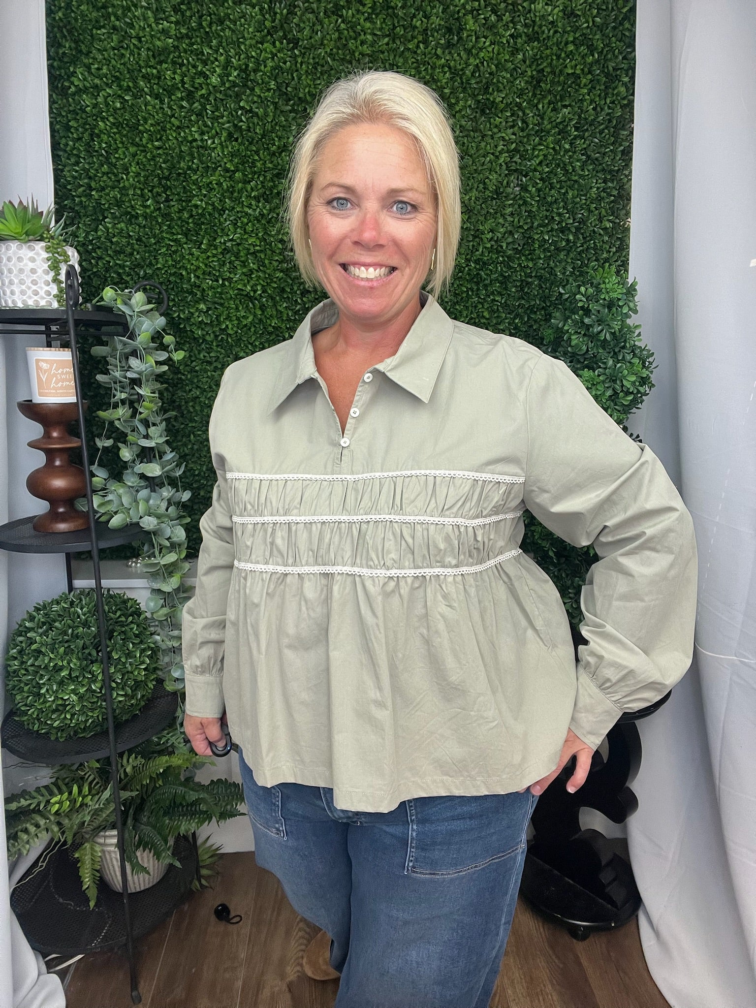 PEPLUM TRIM DETAIL SHIRT - MINT/ECRU