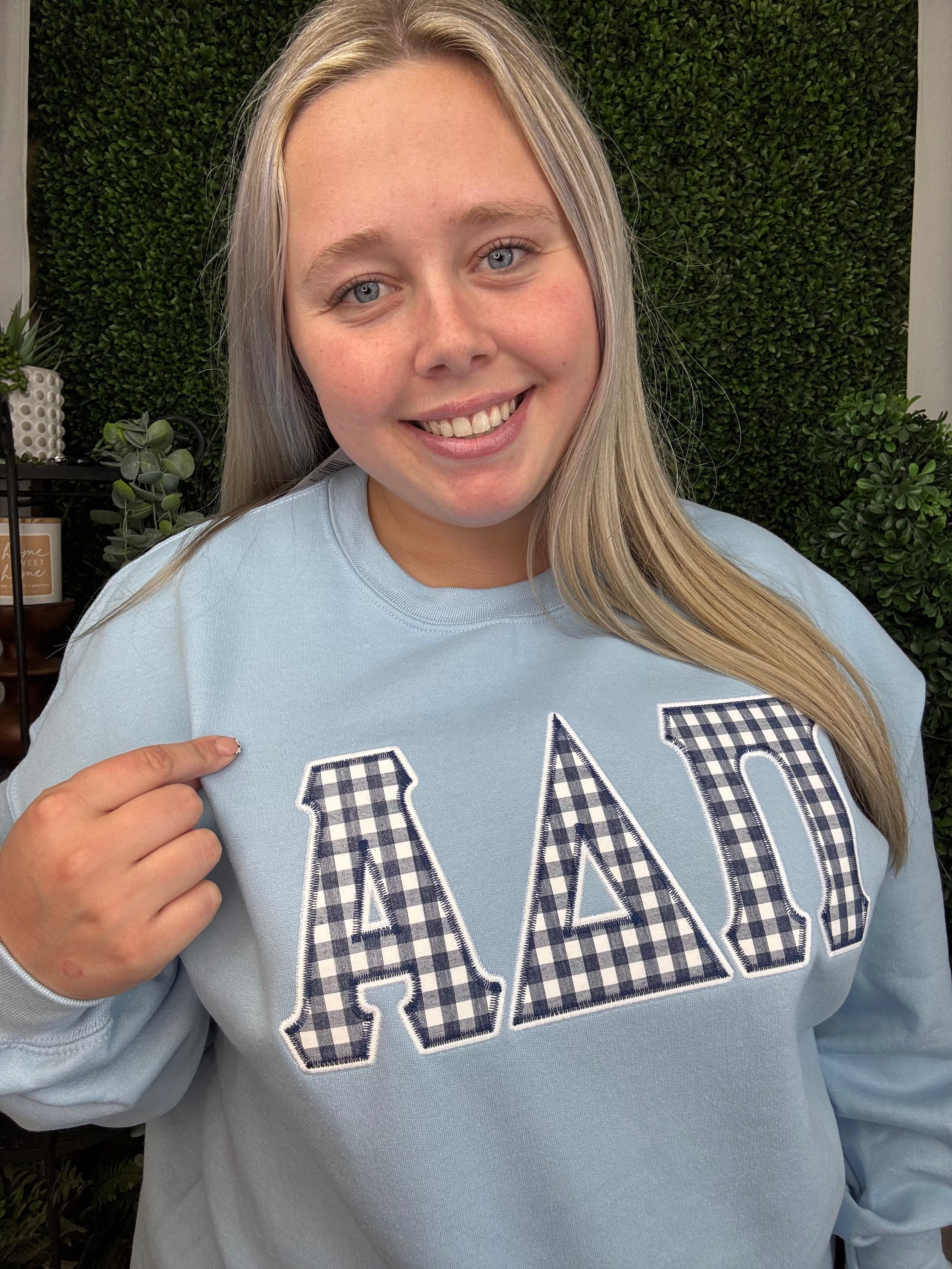 ALPHA DELTA PI GINGHAM CREWNECK - LIGHT BLUE