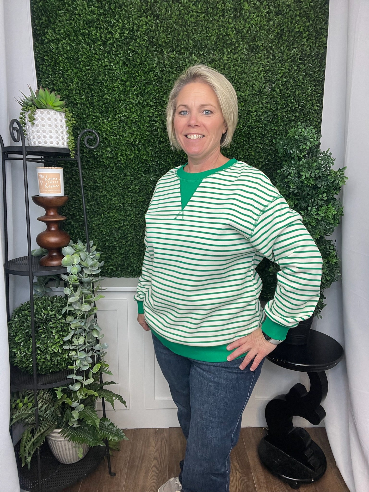 STRIPED ROUND NECK LONG SLEEVE TOP - MISSY GREEN